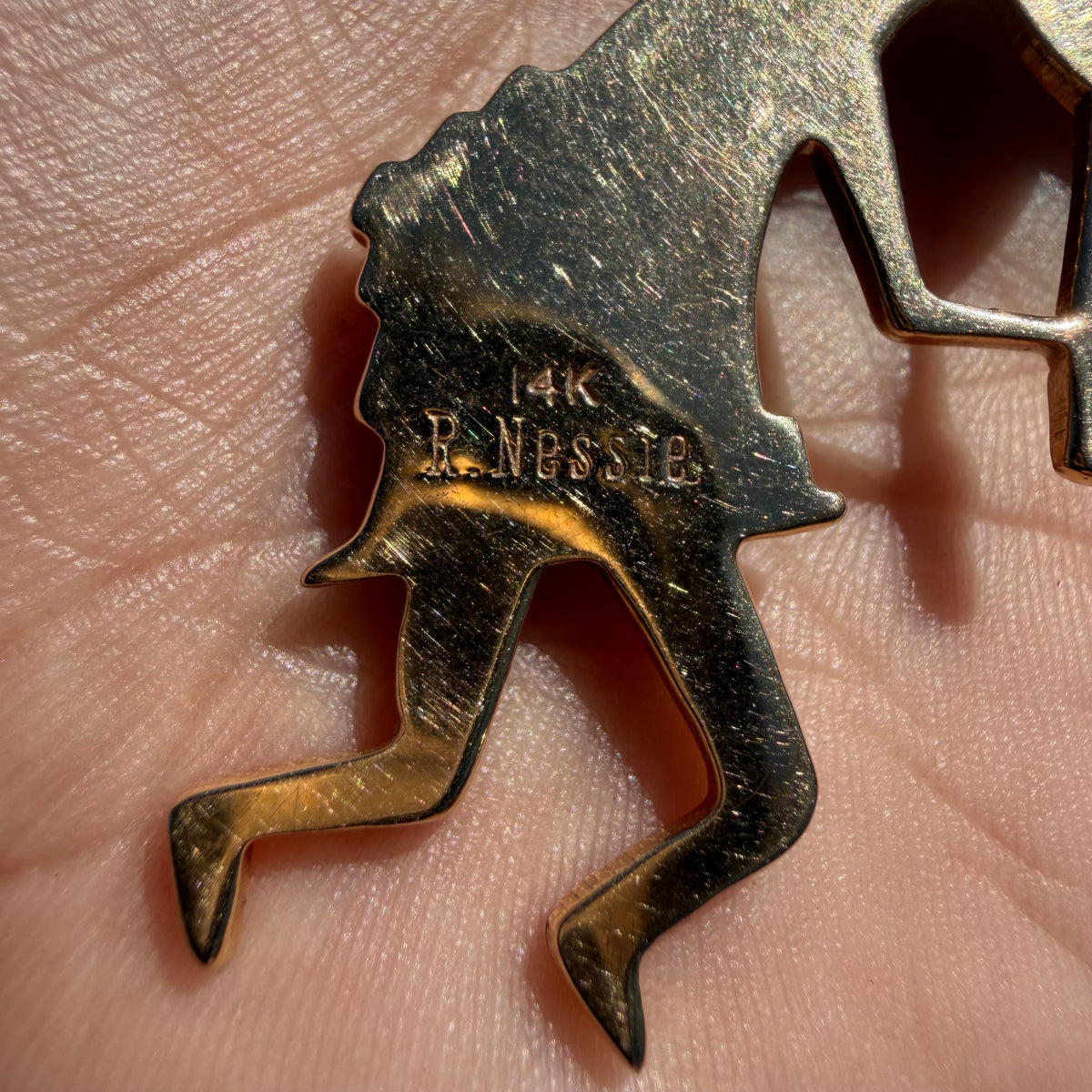 Vintage Native Southwestern Solid 14k Yellow Gold Multi-Stone Inlaid Kokopelli Pendant Signed “R. Nessie”