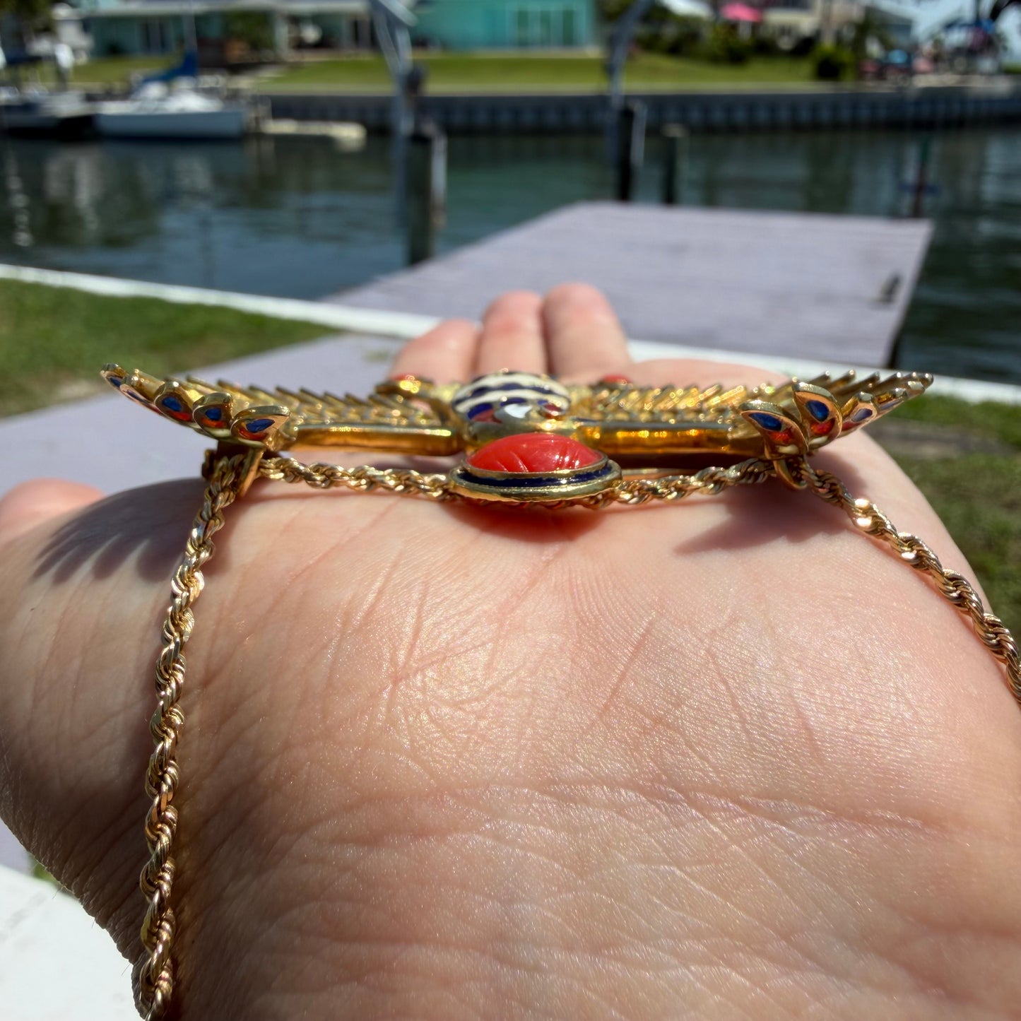Vintage Solid 18k Yellow Gold Plique-à-Jour Large Egyptian Revival Horus Falcon Pendant/Brooch