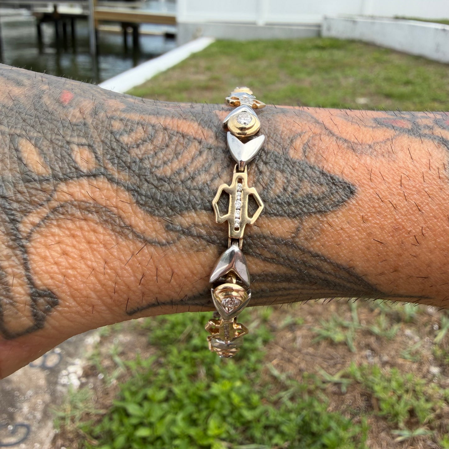 Vintage Solid 14k Yellow Gold .950 Platinum 1.25ctw Natural Diamond Harley-Davidson Bracelet (7”)