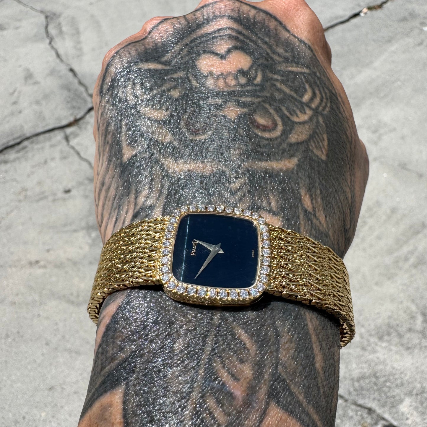 Late 1970’s/Early 1980’s Piaget Solid 18k Yellow Gold Factory Diamond Bezel Falcons Eye Stone Dial 9908 D11 Watch (7.5”)
