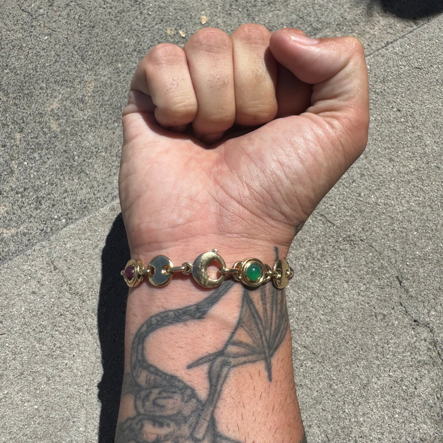 Vintage Solid 14k Italian Yellow Gold Bezel Set Multi Stone Heavyweight Puffed Gucci Bracelet (7.5”)