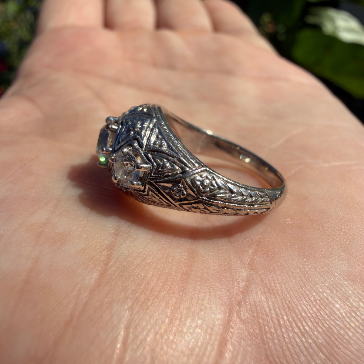 Art Deco Solid Platinum 1.0ctw Natural Old Euro Cut Diamond Trilogy Dome Ring (6.5)