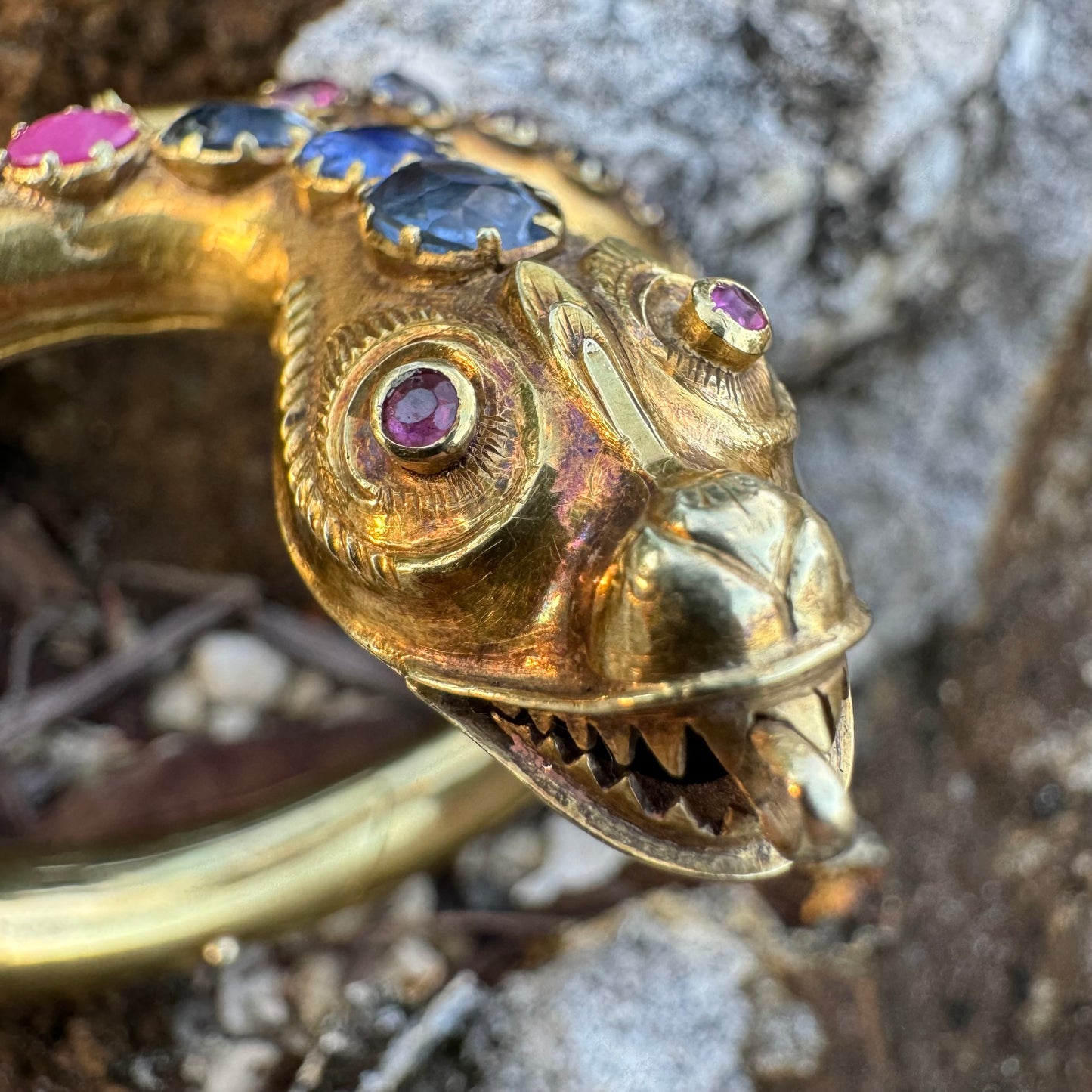 Mid 1800’s 15k Yellow Gold Blue And Pink Sapphire Encrusted Snake Bracelet (6”-7”)