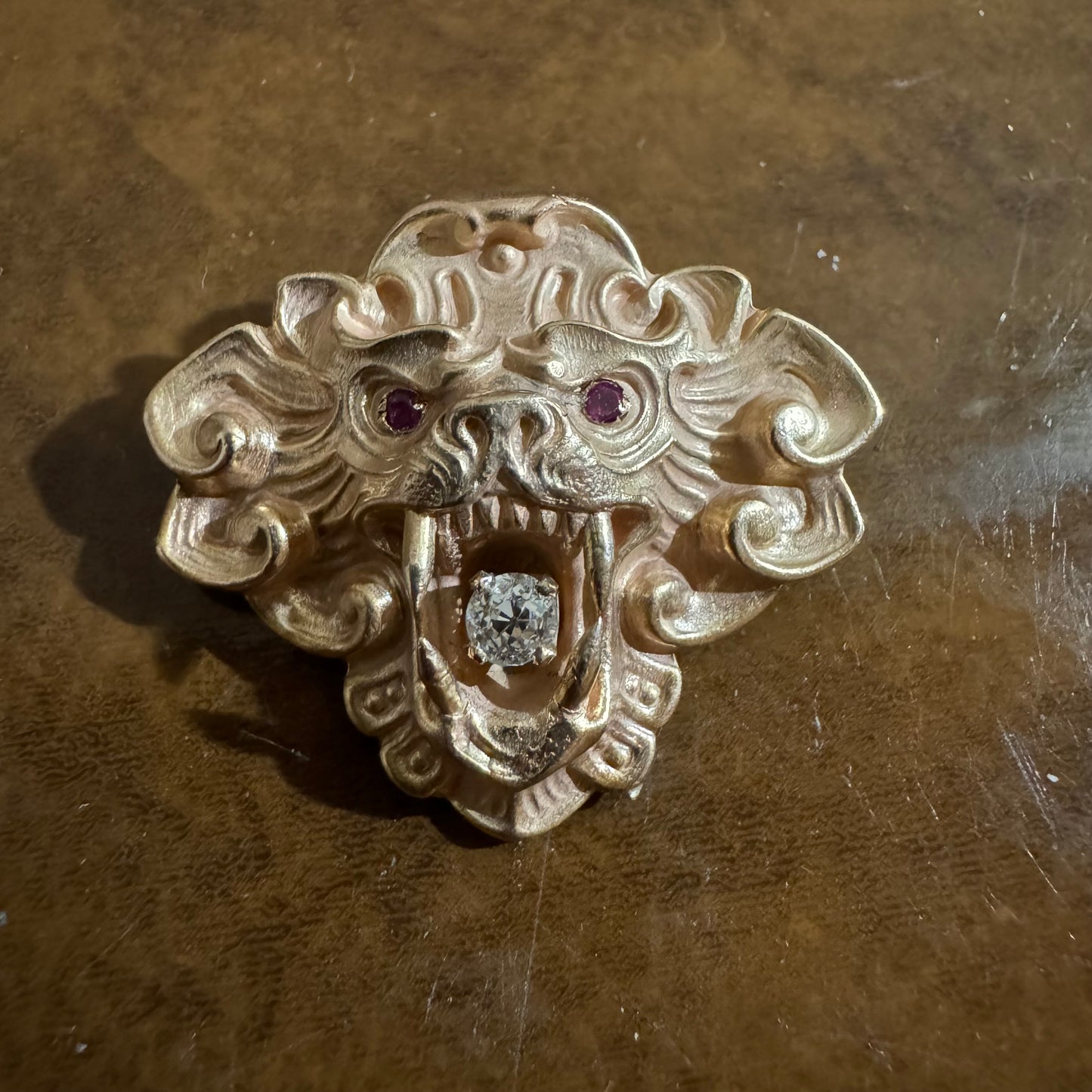 Art Nouveau 1910’s 10k Gold Mythical Beast .10Ct Old Euro Cut Diamond Pendant/Brooch