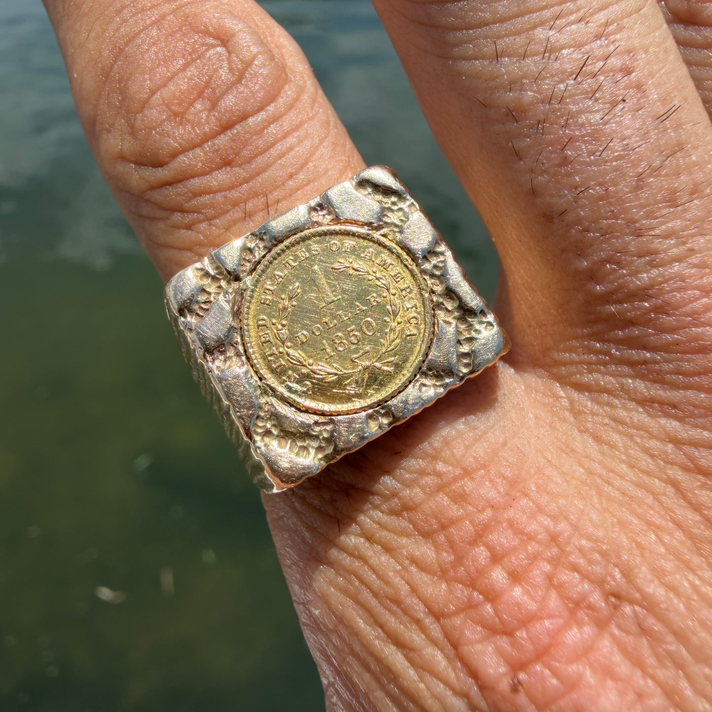 1850 Liberty Head $1 Gold Coin Solid Backed 14k Yellow Gold Heavyweight Nugget Ring (13)