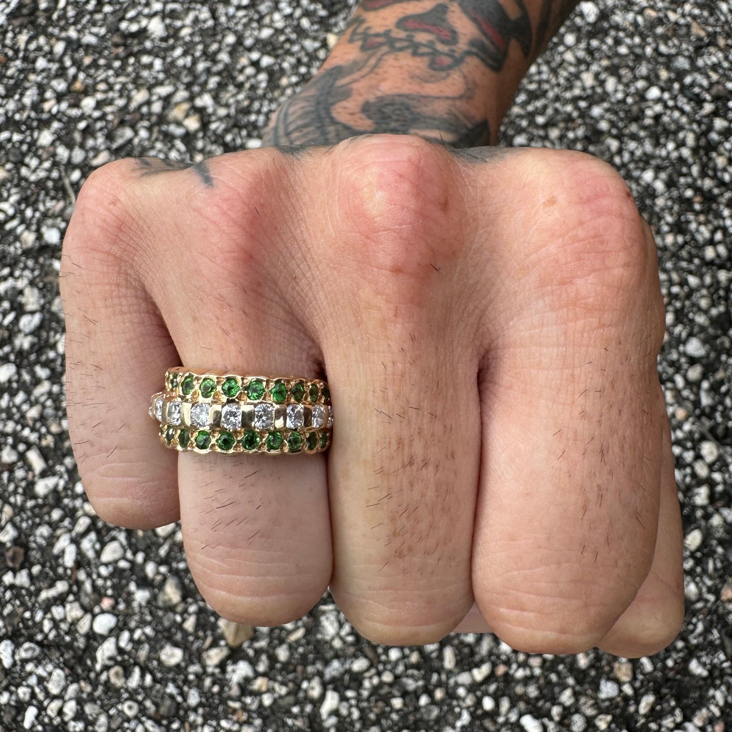 Vintage Handmade Solid 14k Yellow Gold 1.0Ctw Natural Diamond/1.25Ctw Tsavorite Garnet Ring (7.5)