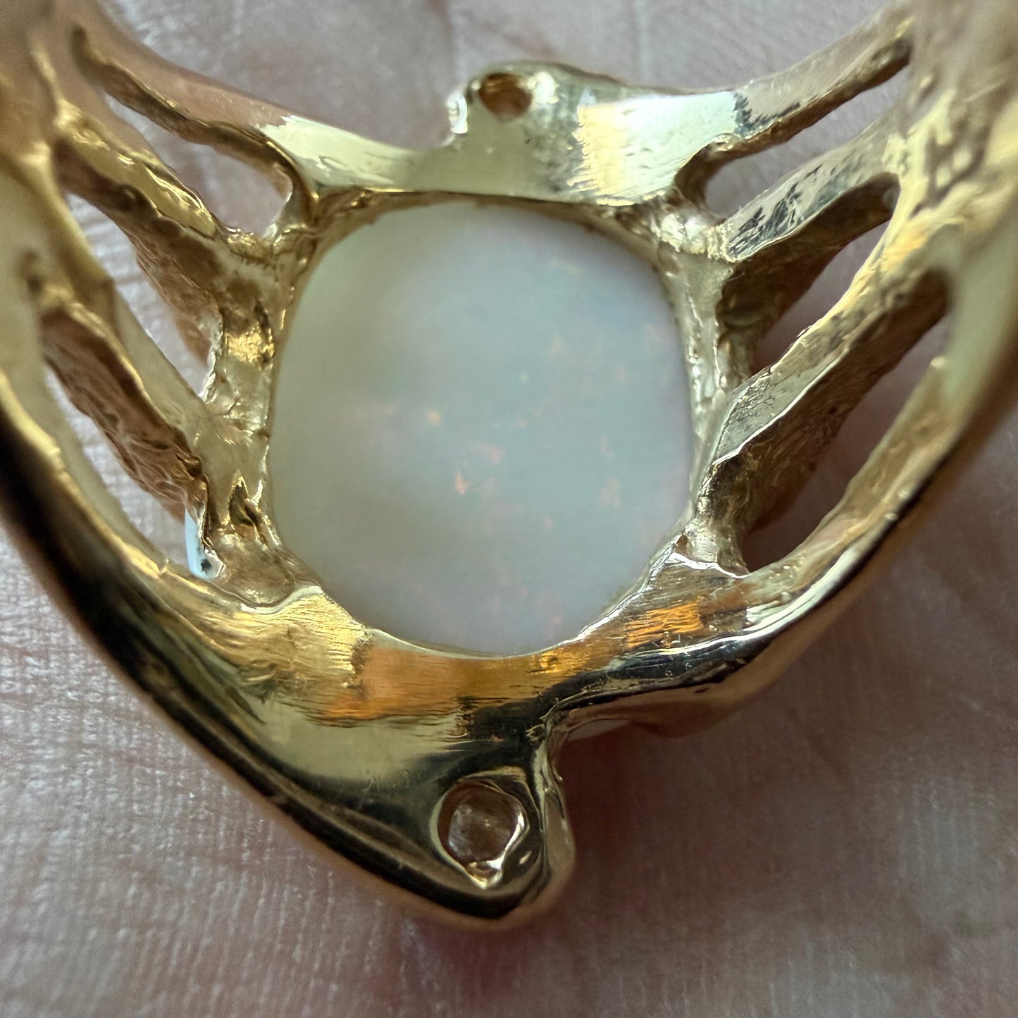 Vintage Artisan Crafted Solid 14k Yellow Gold Natural White Opal And Diamond Brutalist Ring (8)