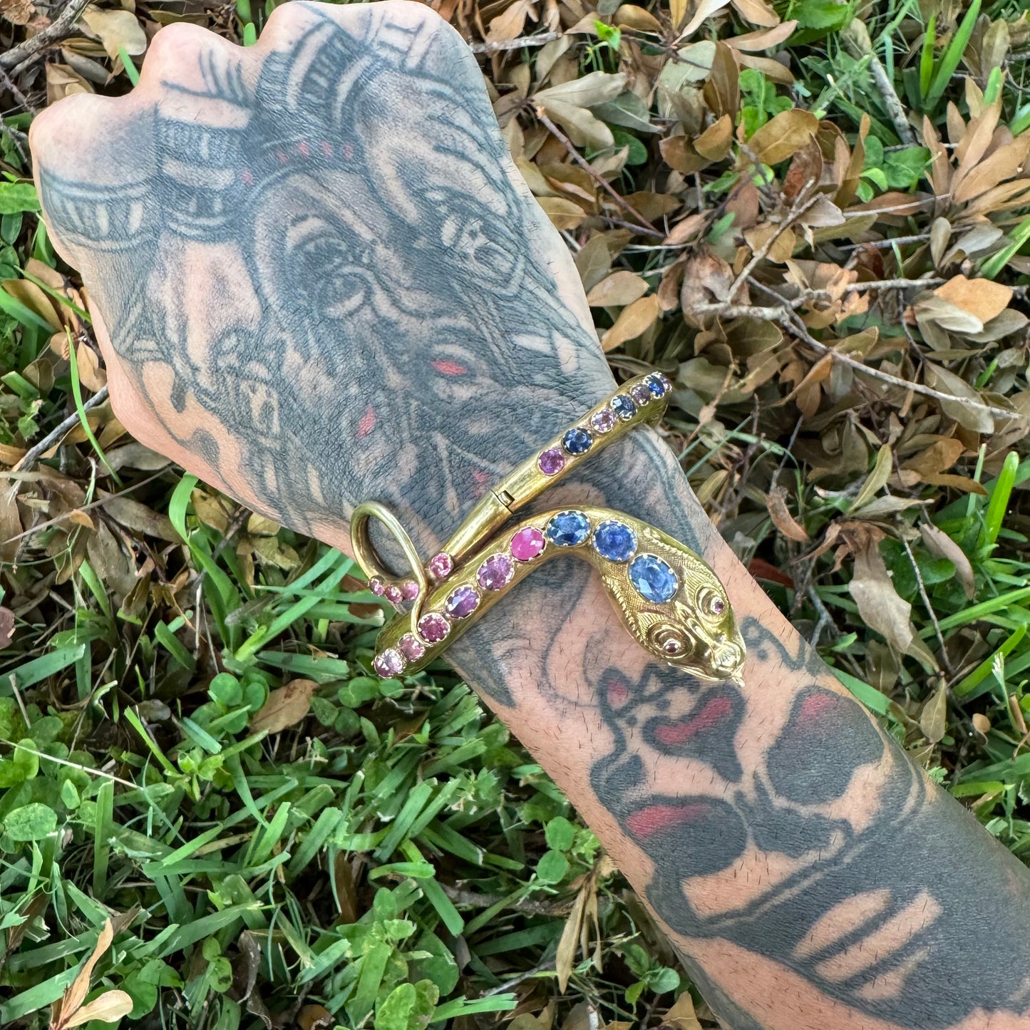 Mid 1800’s 15k Yellow Gold Blue And Pink Sapphire Encrusted Snake Bracelet (6”-7”)