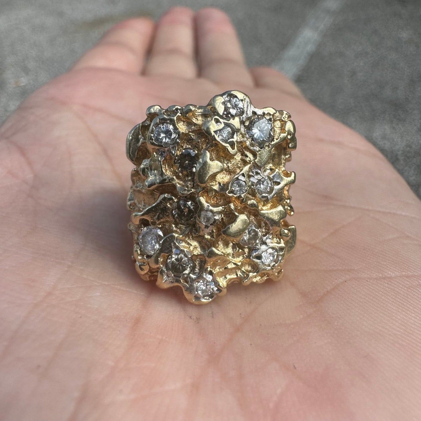 1970’s Solid 14k Yellow Gold .80ctw Natural Diamond Encrusted Brutalist Nugget Ring (6.25)