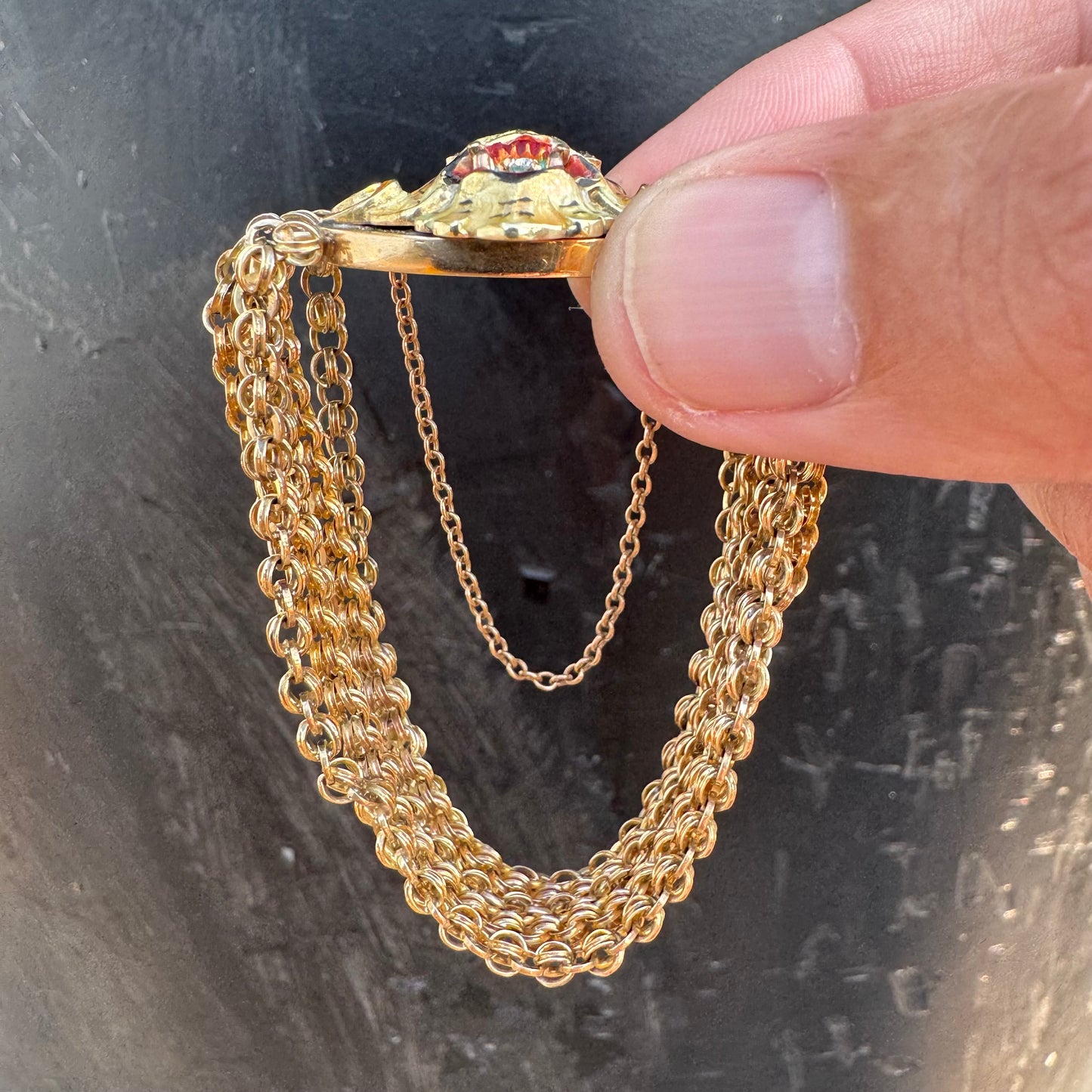 Art Nouveau Solid 14k Yellow Gold Natural Old Mine Cut Diamond Enameled Tiger Bracelet (6.25”)