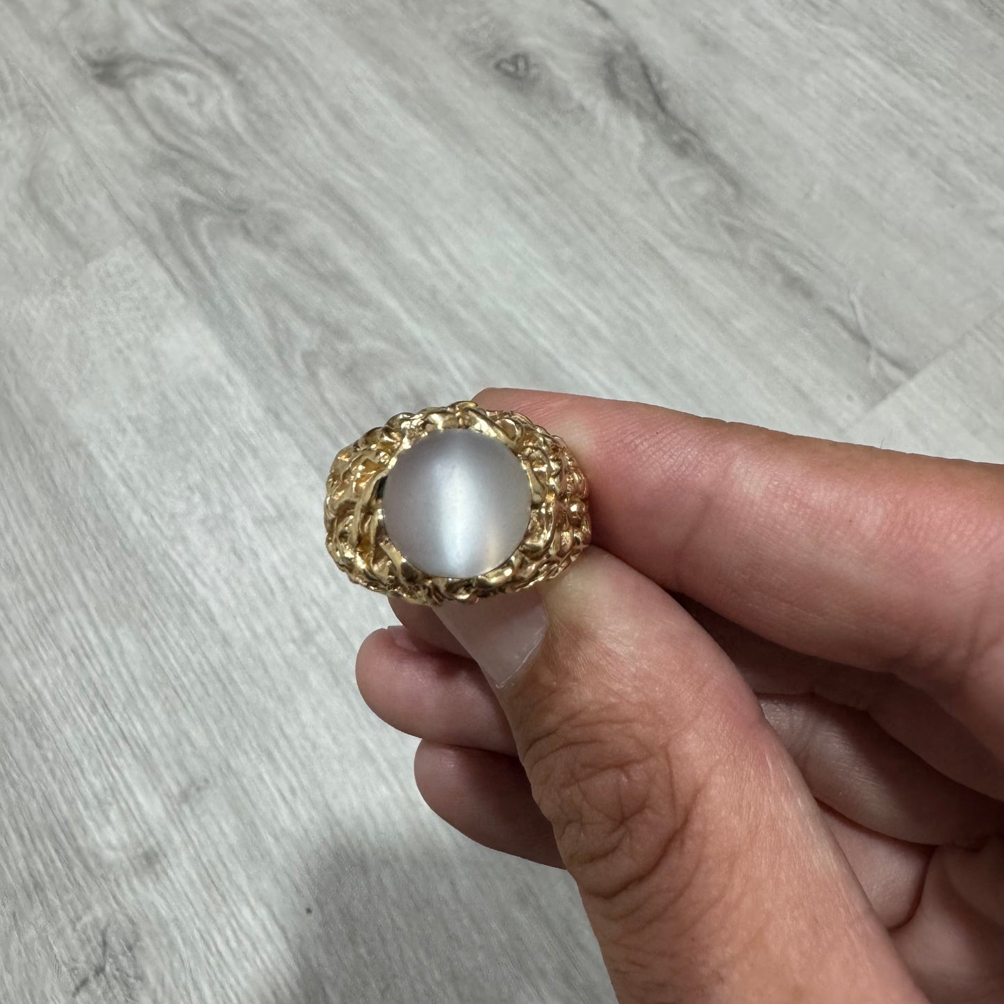 1970’s Solid 14k Yellow Gold Heavyweight Brutalist Moonstone Ring (9)