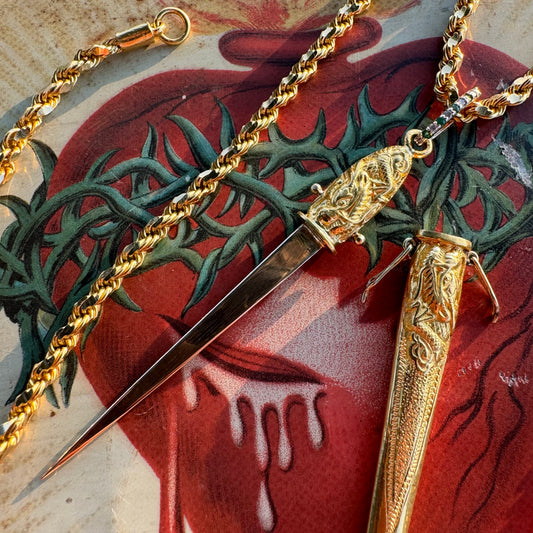 Vintage Pure 24k Solid Gold Asiatic Dragon Knife And Sheath Pendant