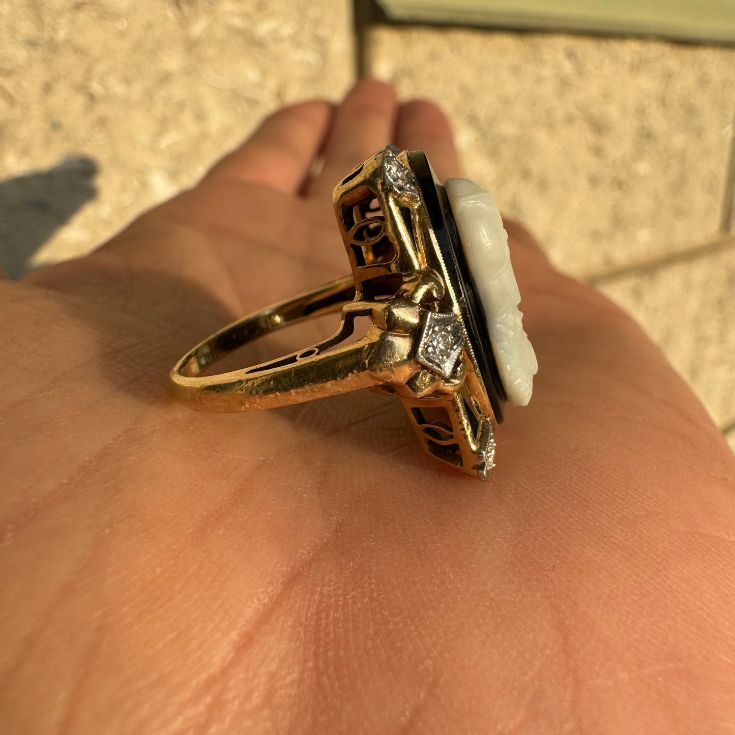 Art Deco 14k Yellow Gold And Platinum .25ctw Natural Diamond Athena (Goddess Of War) Cameo Ring (6.75)