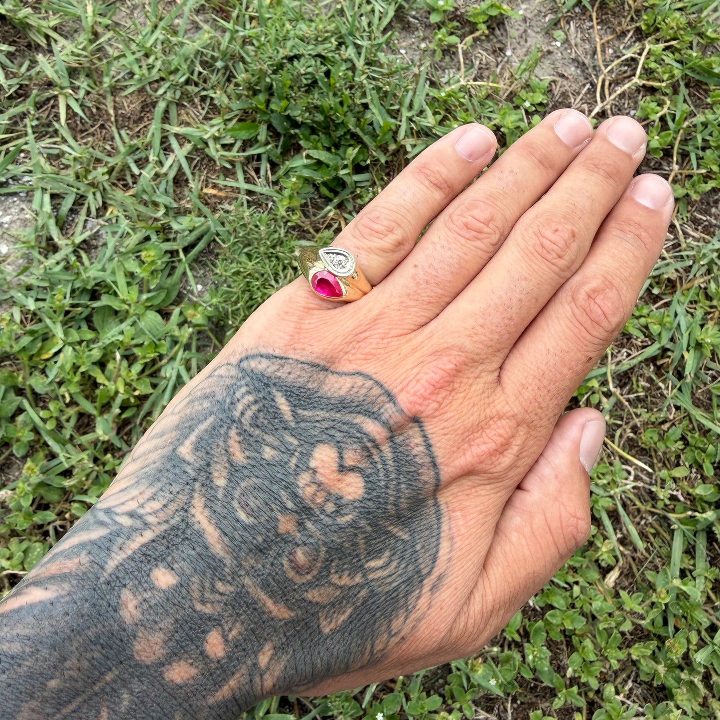 Vintage Solid 14k Yellow Gold Natural Old Euro Cut Diamond Pink Spinel Tony Soprano Pinky Ring (10)