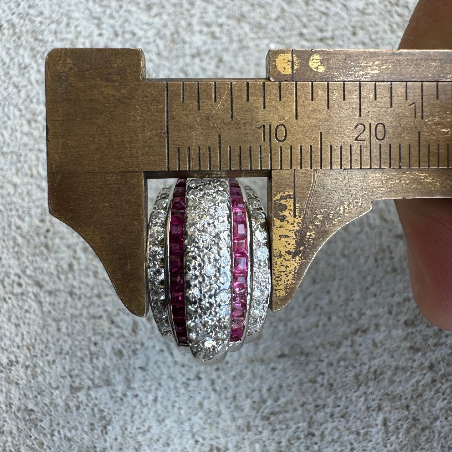 1940’s Retro Era Handcrafted 18k White Gold .73ctw Natural VS Quality Diamond And Princess Cut Ruby Flooded Step Up Ring (5.75)