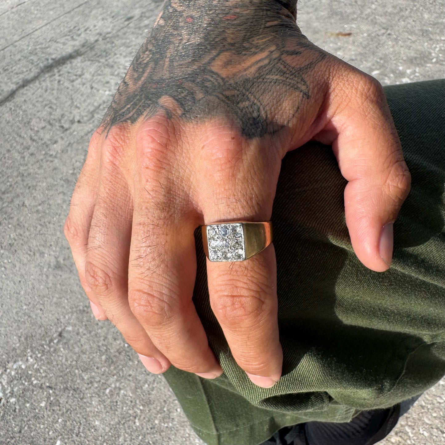 Antique 18k Yellow Gold 1.35ctw Natural Old Mine Cut Diamond Cluster Gents Ring (10.75)