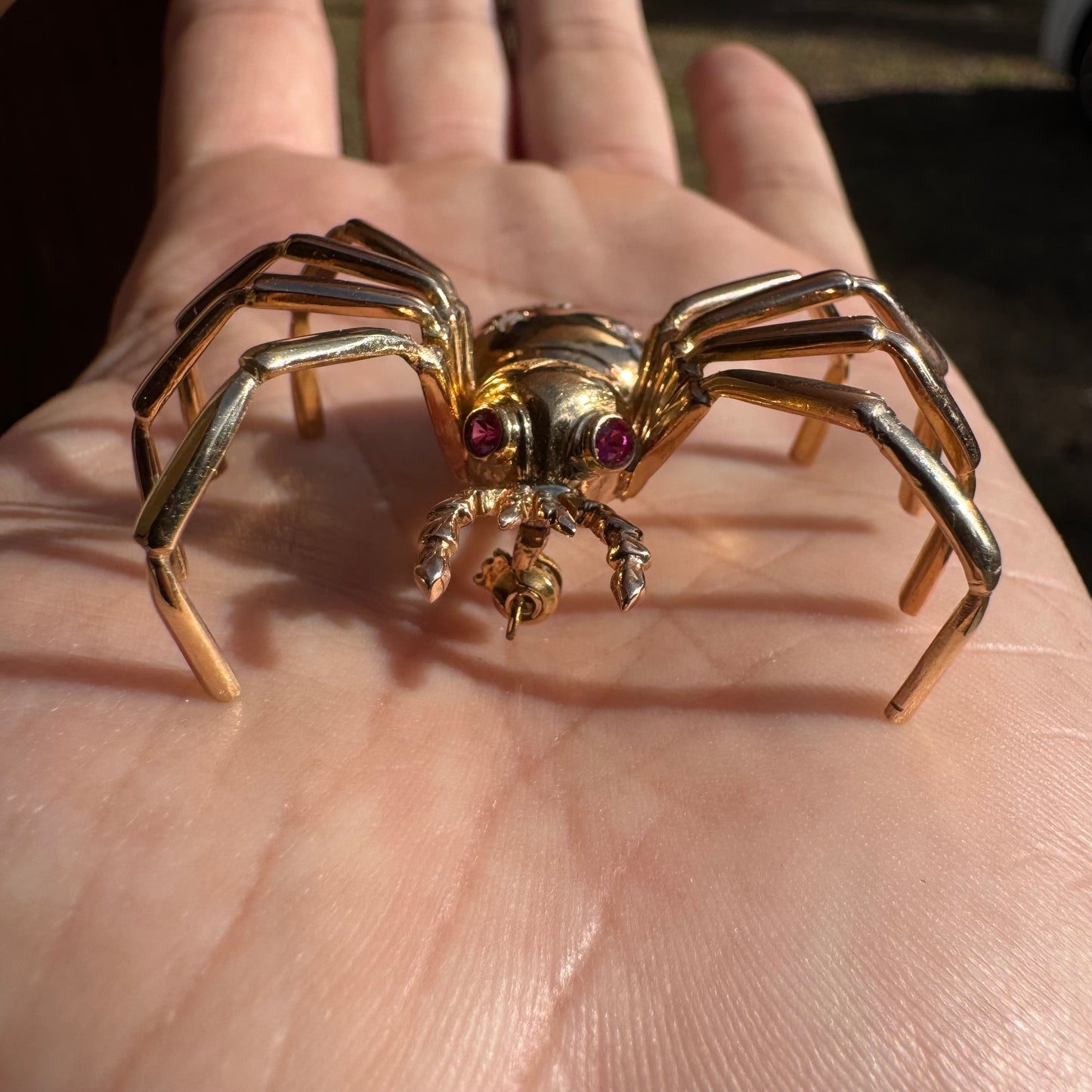 Victorian Solid 18k Gold Natural Rose Cut Diamond And Ruby Large Spider Brooch Pendant