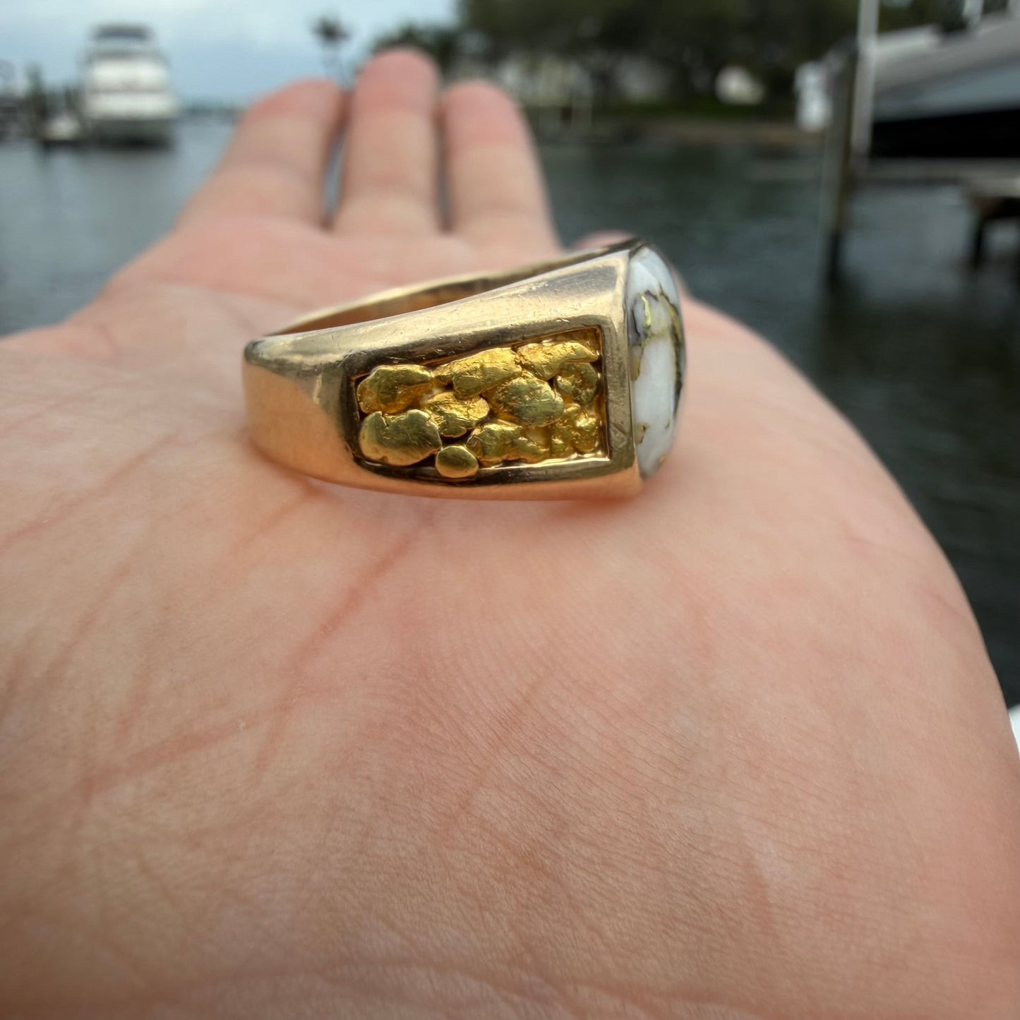 Vintage Solid 14k Yellow Gold Raw 22k Nugget Gold Bearing Quartz Signet Ring (10)