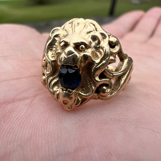Art Nouveau 14k Yellow Gold Blue Sapphire Lion Ring (6.5)