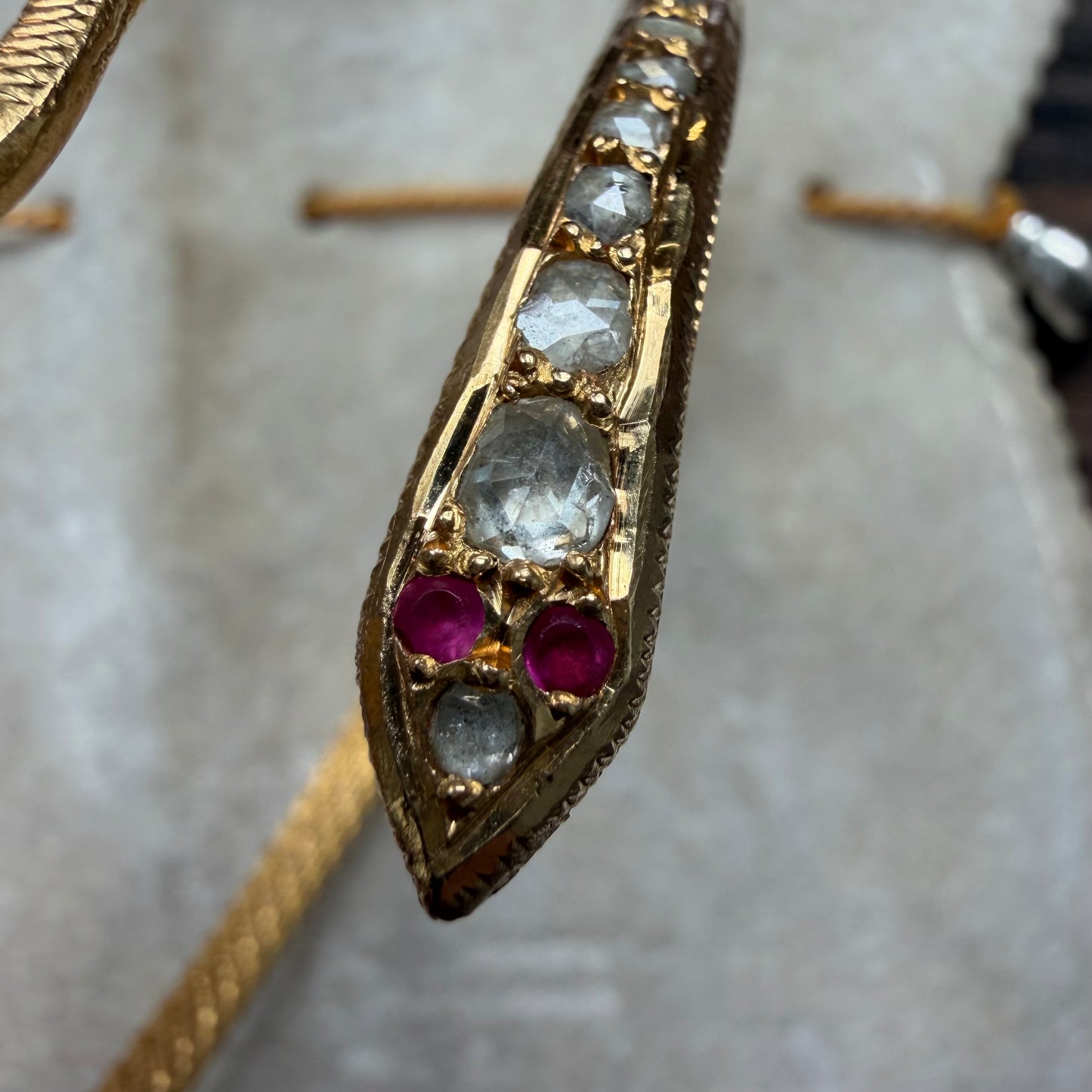 Antique Egyptian Solid 22.5k Yellow Gold Natural Rose Cut Diamond And Ruby Snake Bangle Bracelet (6.5”-8”)