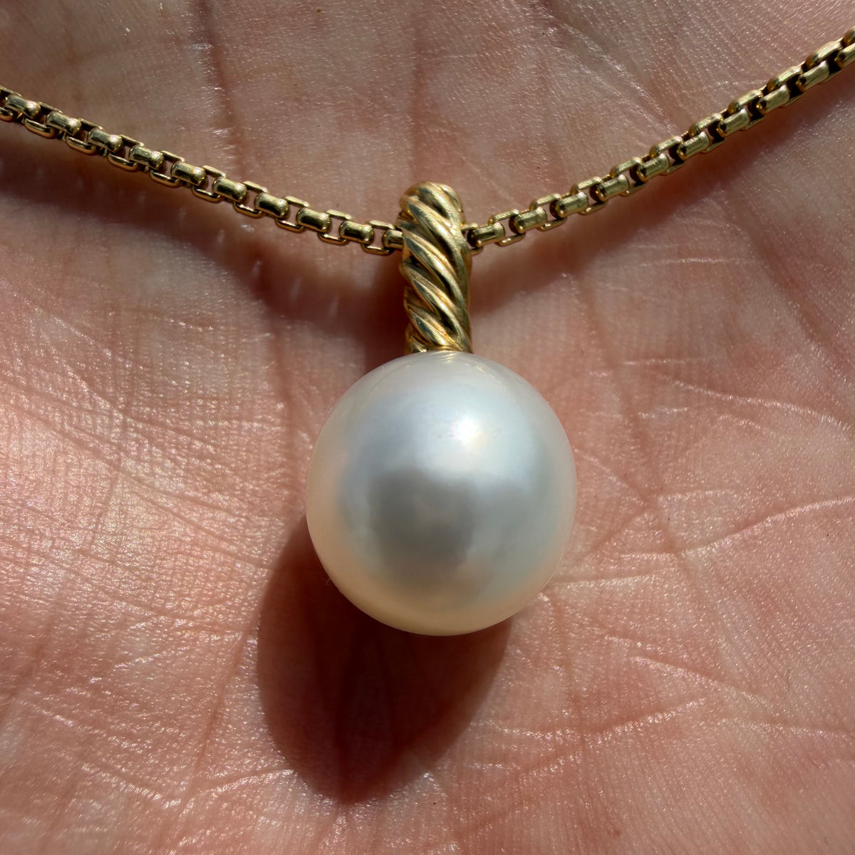 David Yurman Solid 18k Yellow Gold Box Chain Necklace Large Freshwater Pearl Pendant Set (16”)