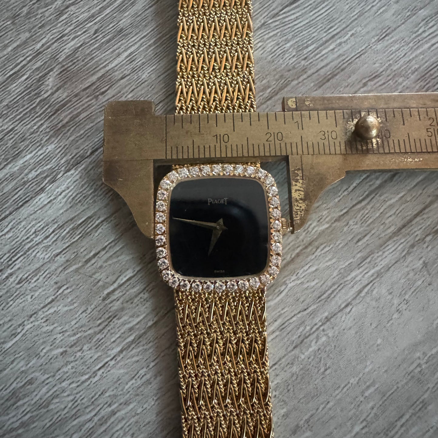 Late 1970’s/Early 1980’s Piaget Solid 18k Yellow Gold Factory Diamond Bezel Falcons Eye Stone Dial 9908 D11 Watch (7.5”)