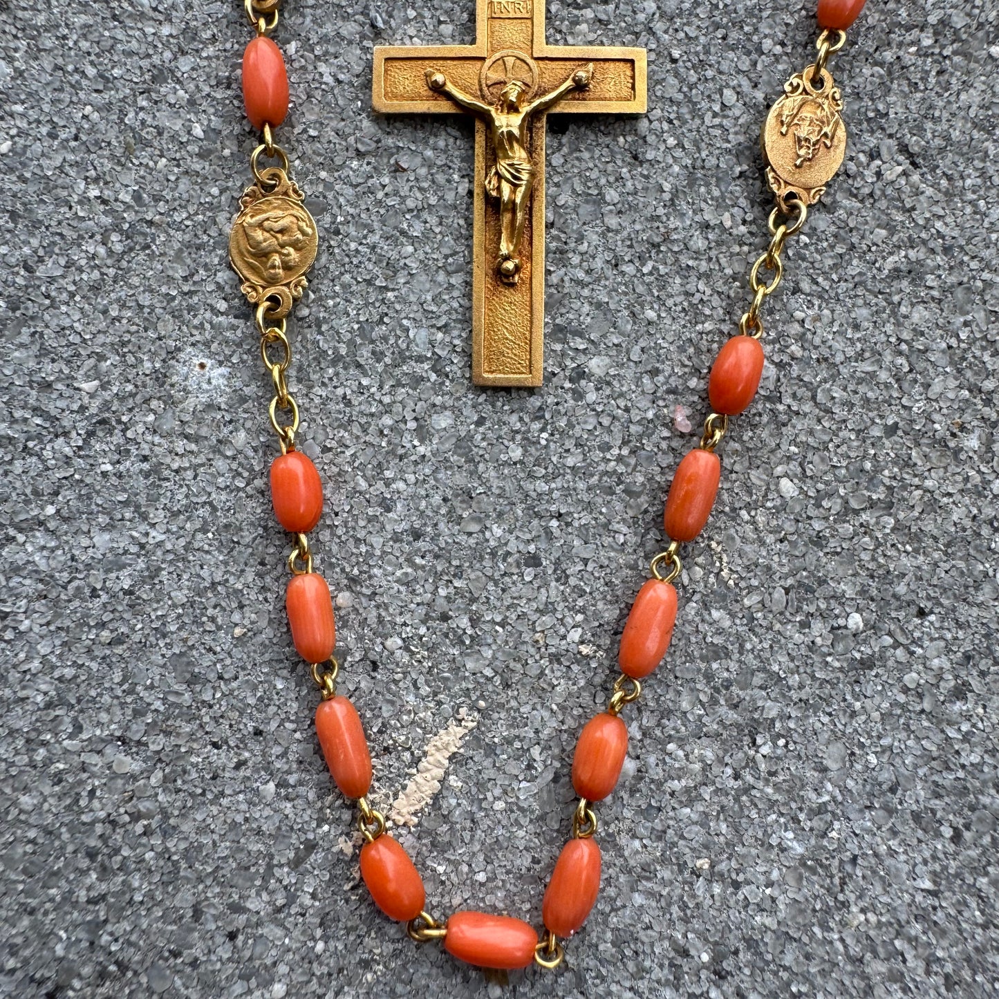 Antique French Hallmarked 18k Yellow Gold Angel Skin Coral Rosary Necklace (23”)