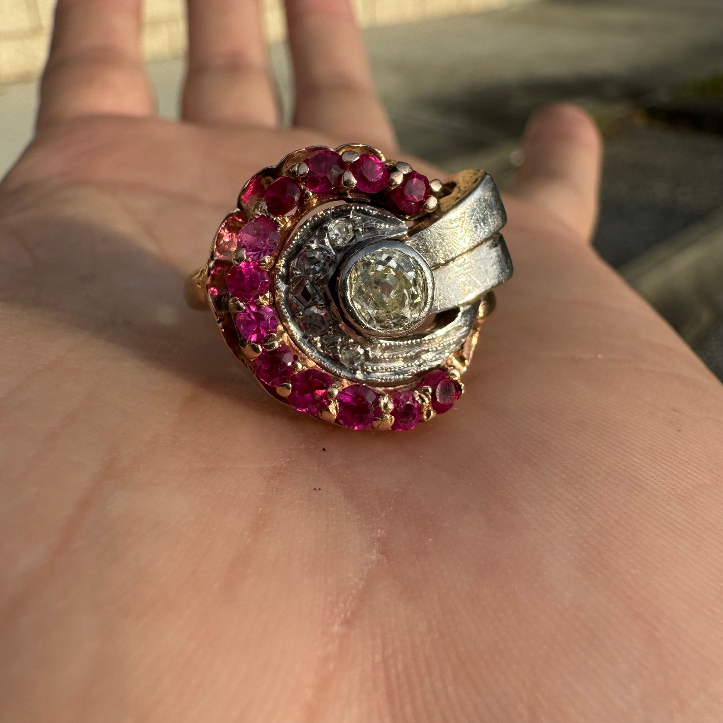 Retro 1940’s 14k Gold .50ct Natural Euro Cut Diamond .60ctw Ruby Tank Ring (9)