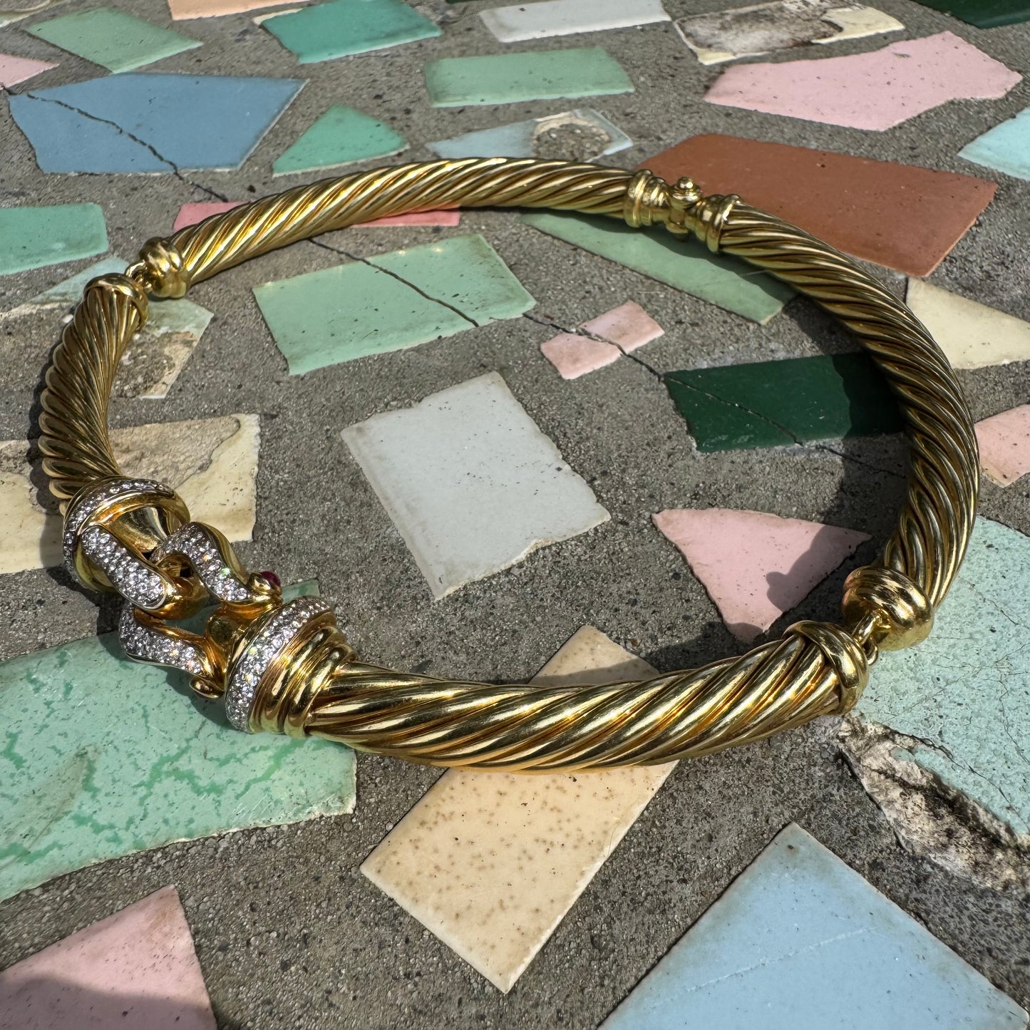Vintage David Yurman 18k Yellow Gold Natural Diamond And Ruby Cable Link Buckle Necklace (16”)