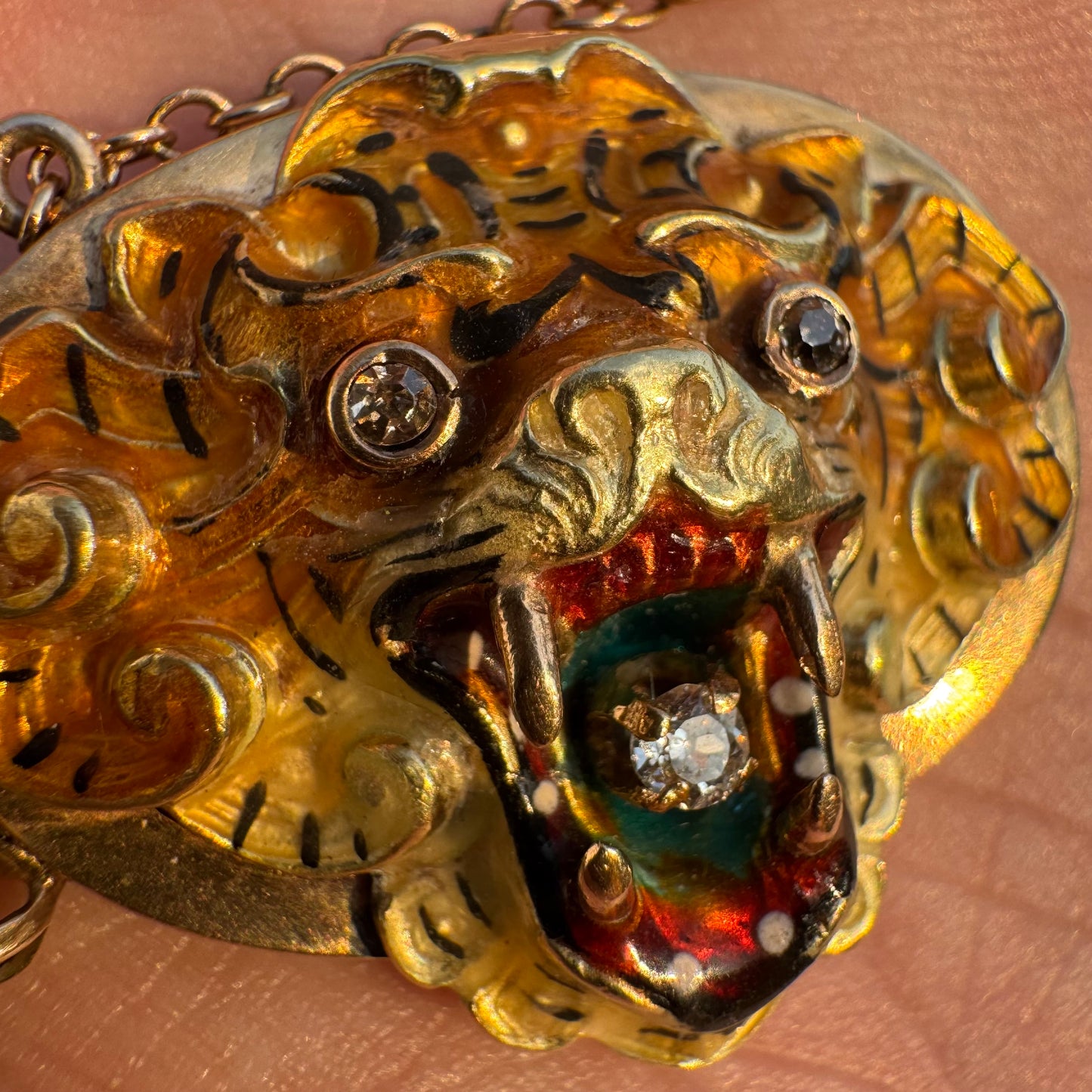 Art Nouveau Solid 14k Yellow Gold Natural Old Mine Cut Diamond Enameled Tiger Bracelet (6.25”)