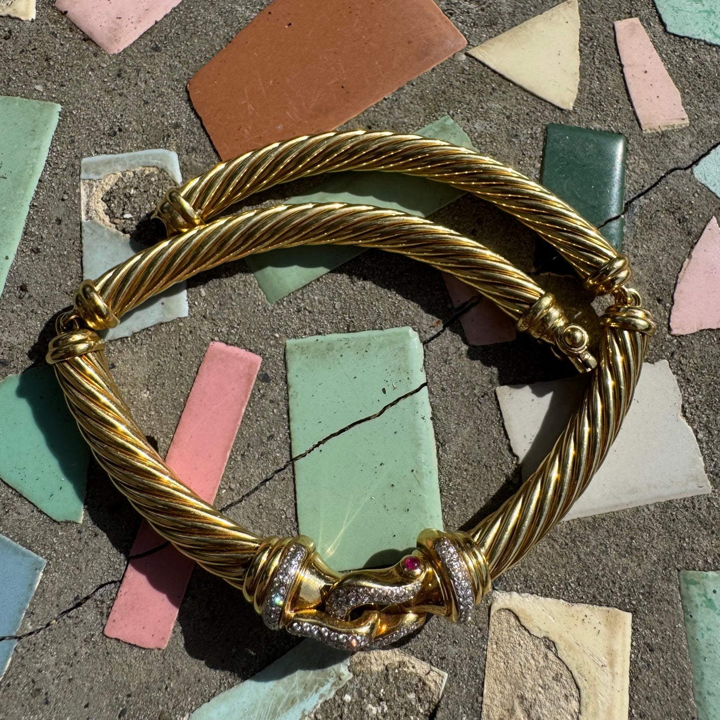 Vintage David Yurman 18k Yellow Gold Natural Diamond And Ruby Cable Link Buckle Necklace (16”)