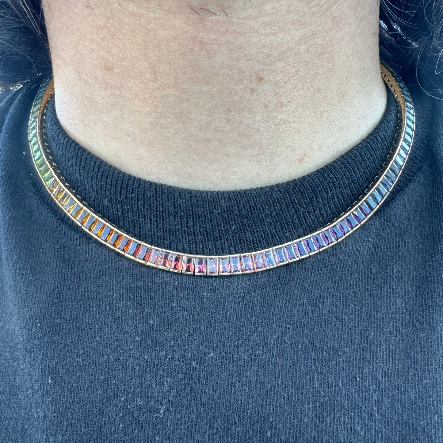 Designer Made Solid 18k Yellow Gold Natural Multi Gemstone Rainbow Tennis Necklace (17”)