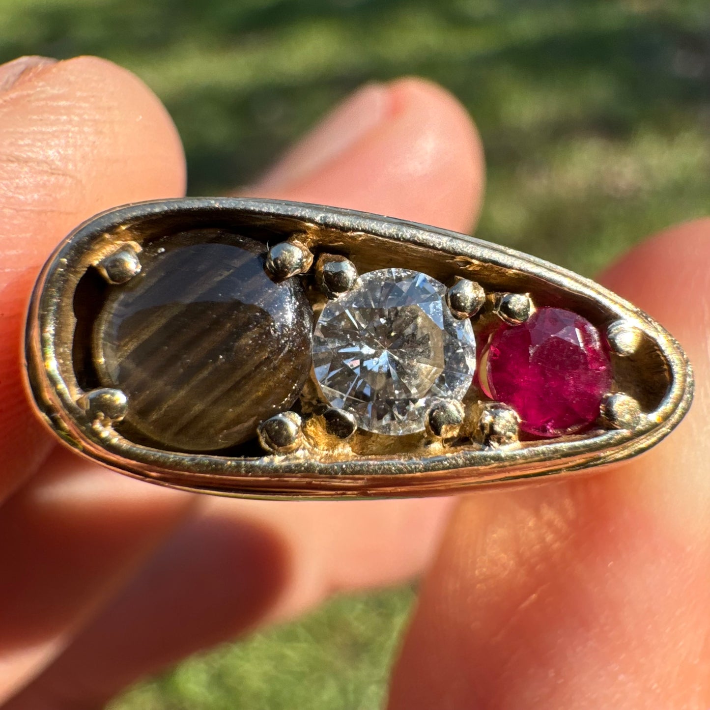 Vintage Solid 14k Yellow Gold .40ct Natutal Diamond, Ruby, Black Star Sapphire Chunky Modernist Ring (7.75)