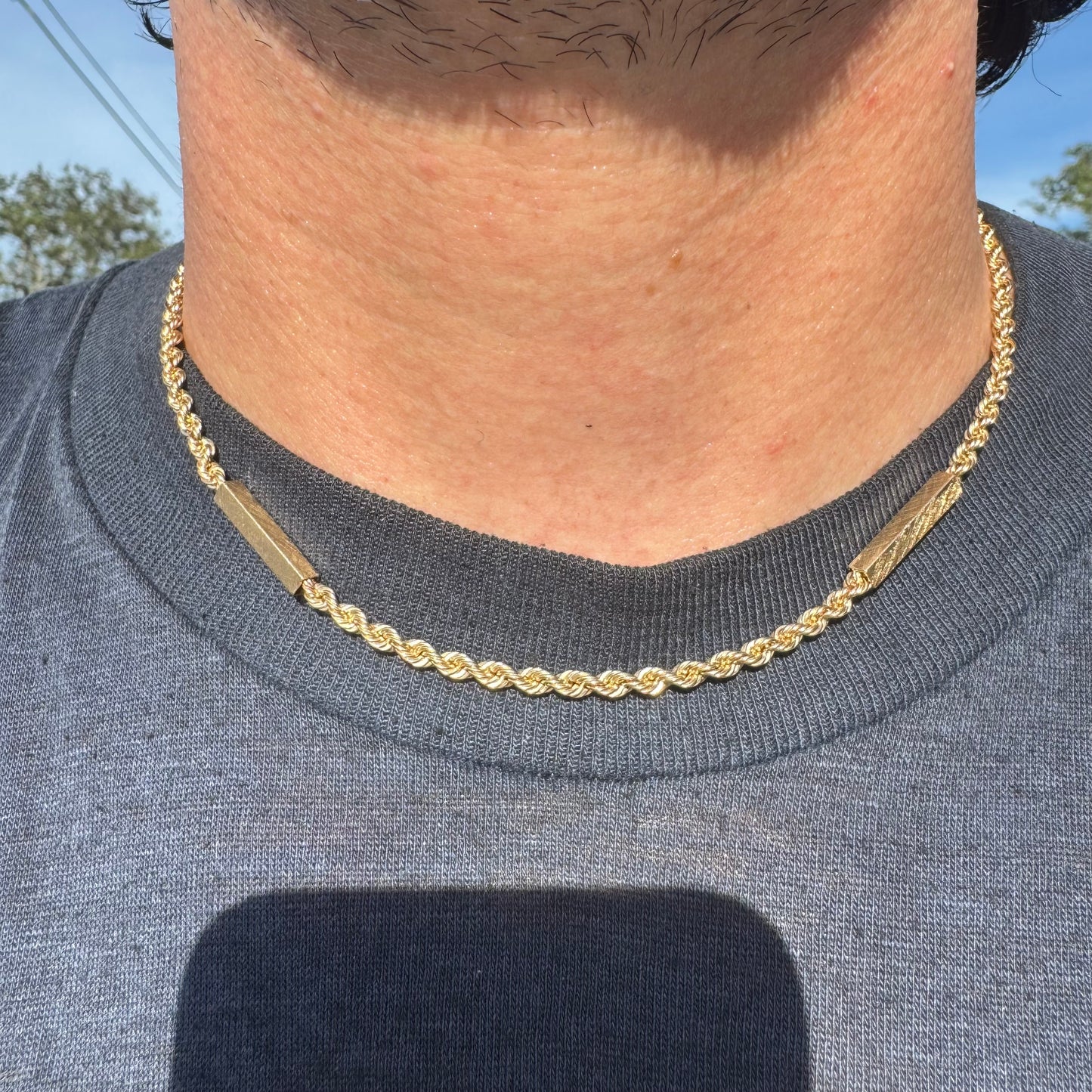Mid-Century Solid 14k Yellow Gold Classic Braided Rope Bar Link Necklace (16.25”)