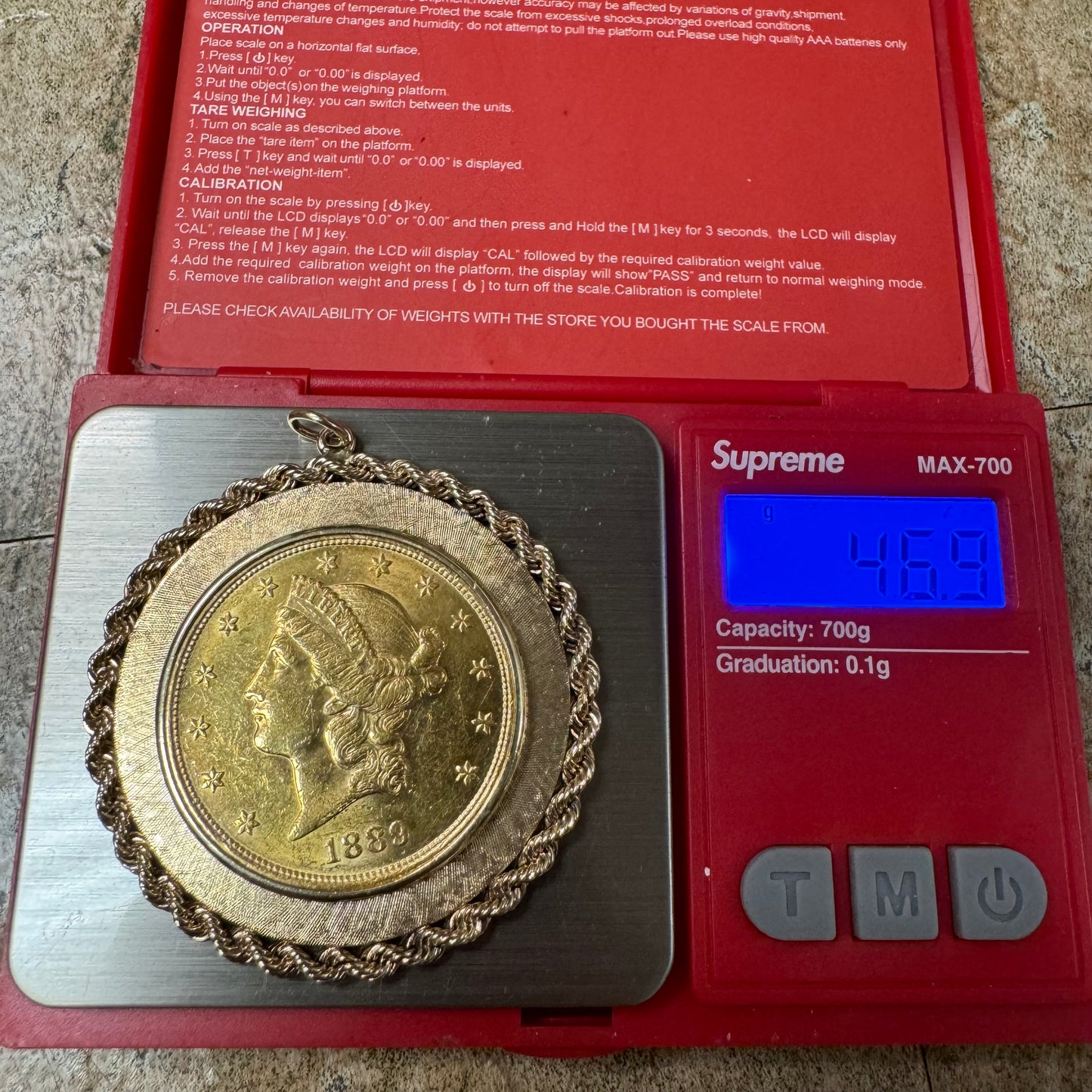 1889 $20 Liberty Head Double Eagle Gold Coin Large 14k Pendant