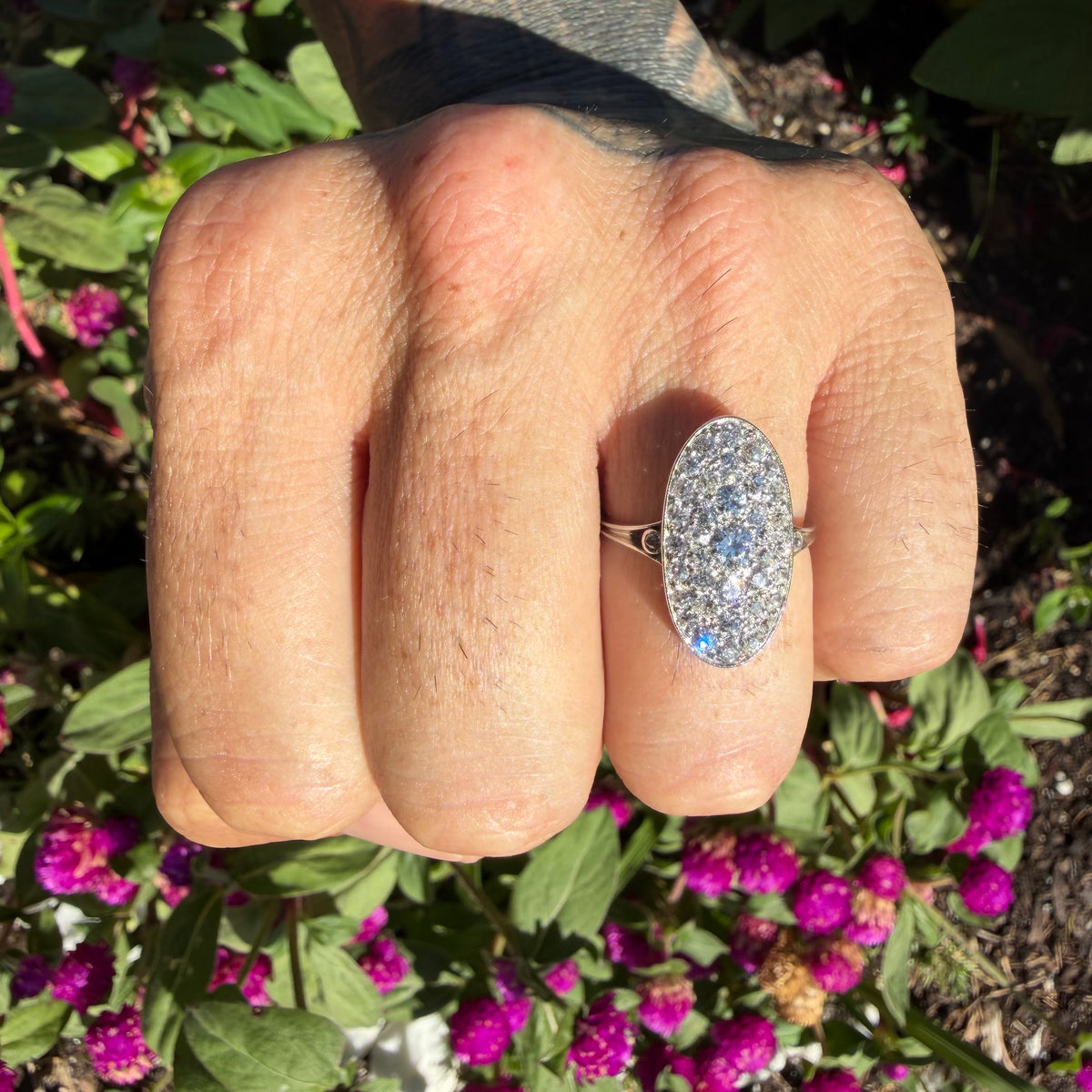 Victorian Solid Platinum 2.25ctw Natural Old Mine Cut Diamond Cluster Oval Navette Ring (7.5)