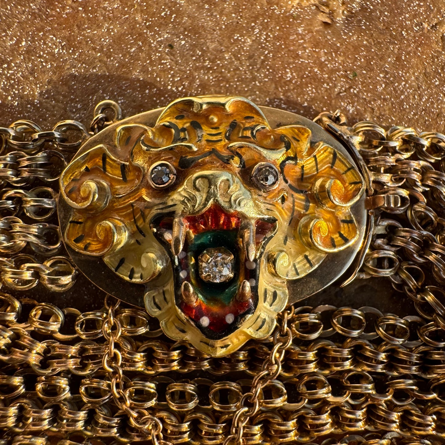 Art Nouveau Solid 14k Yellow Gold Natural Old Mine Cut Diamond Enameled Tiger Bracelet (6.25”)