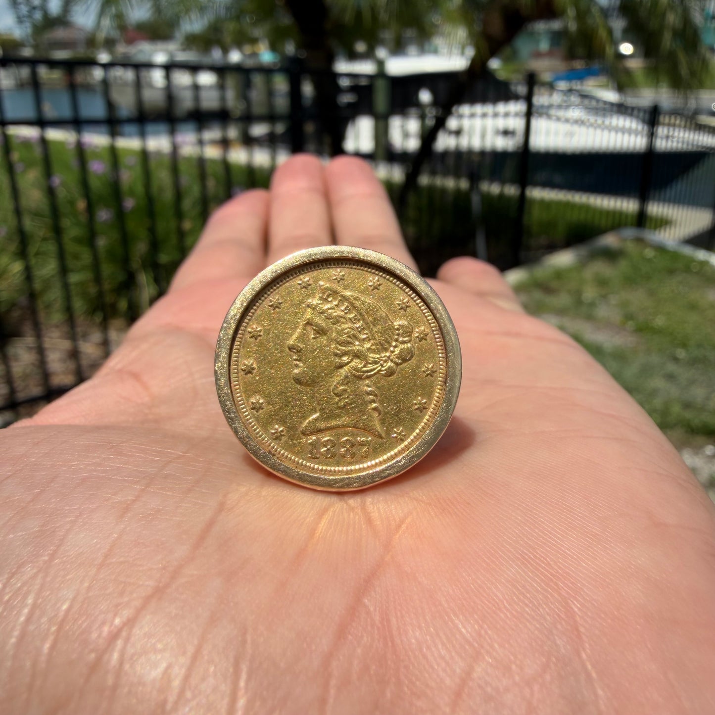 Vintage Bezel Set Solid 14k Yellow Gold 1887 $5 Liberty Coin Ring