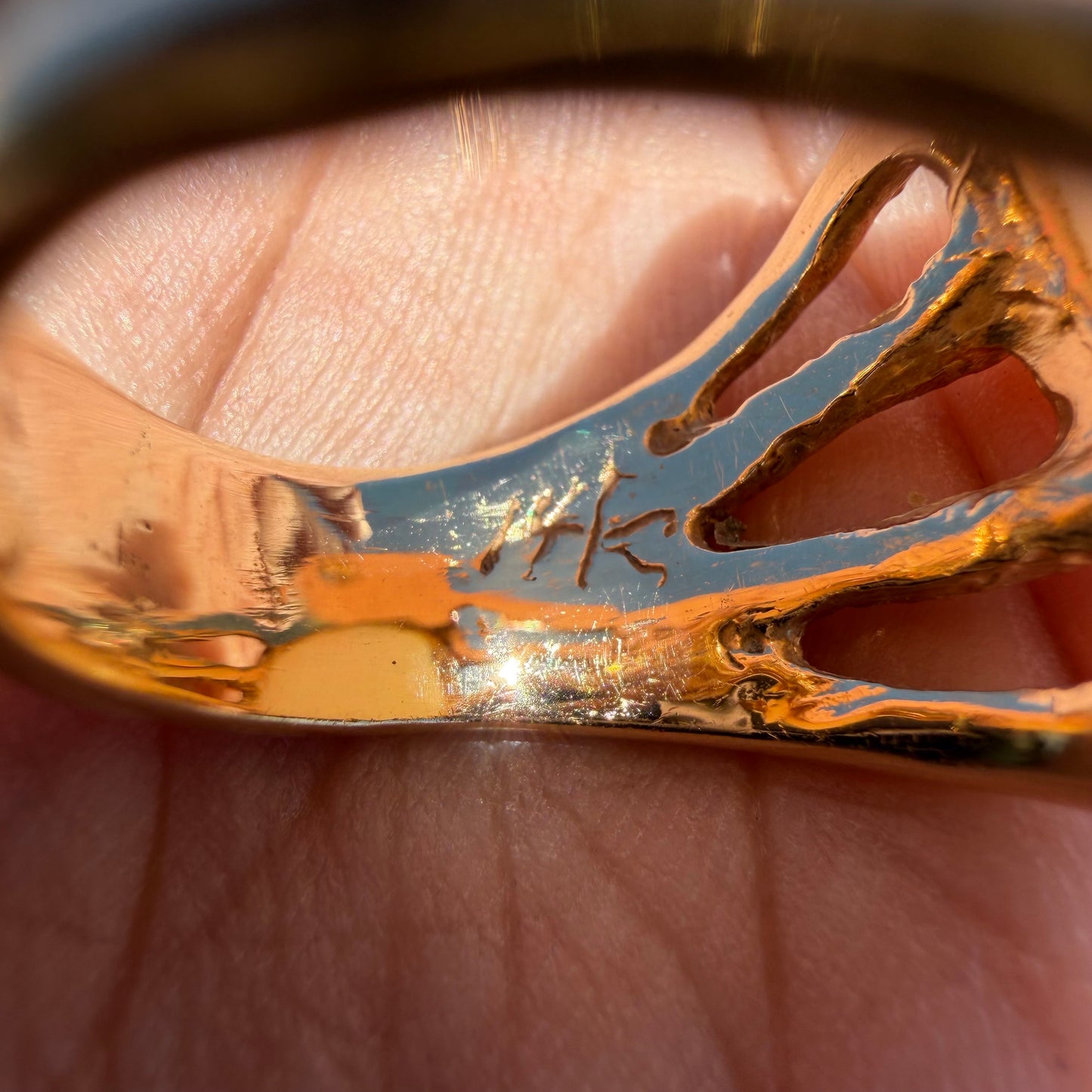 Vintage Artisan Crafted Solid 14k Yellow Gold Natural White Opal And Diamond Brutalist Ring (8)