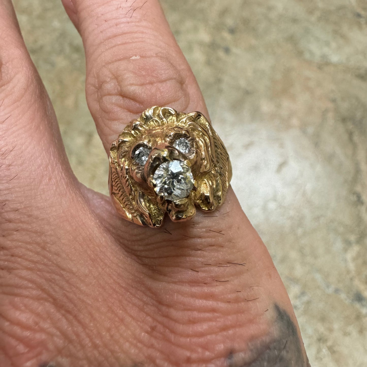 Victorian Era Solid 14k Yellow Gold .50Ct Natural Old Euro Cut Diamond Lion Ring (7.5)