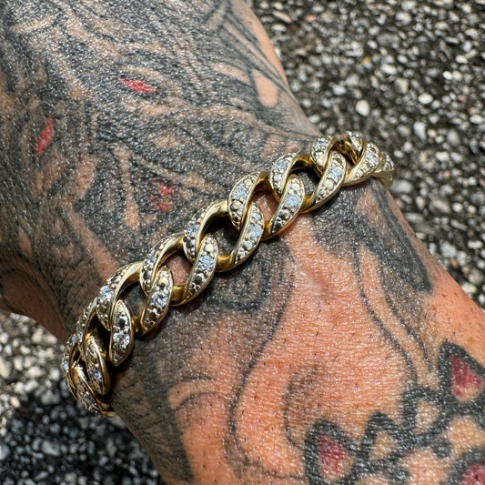 Vintage 2.25CTW Natural Diamond Flooded 10k Yellow Gold Cuban Link Bracelet (8.5”)