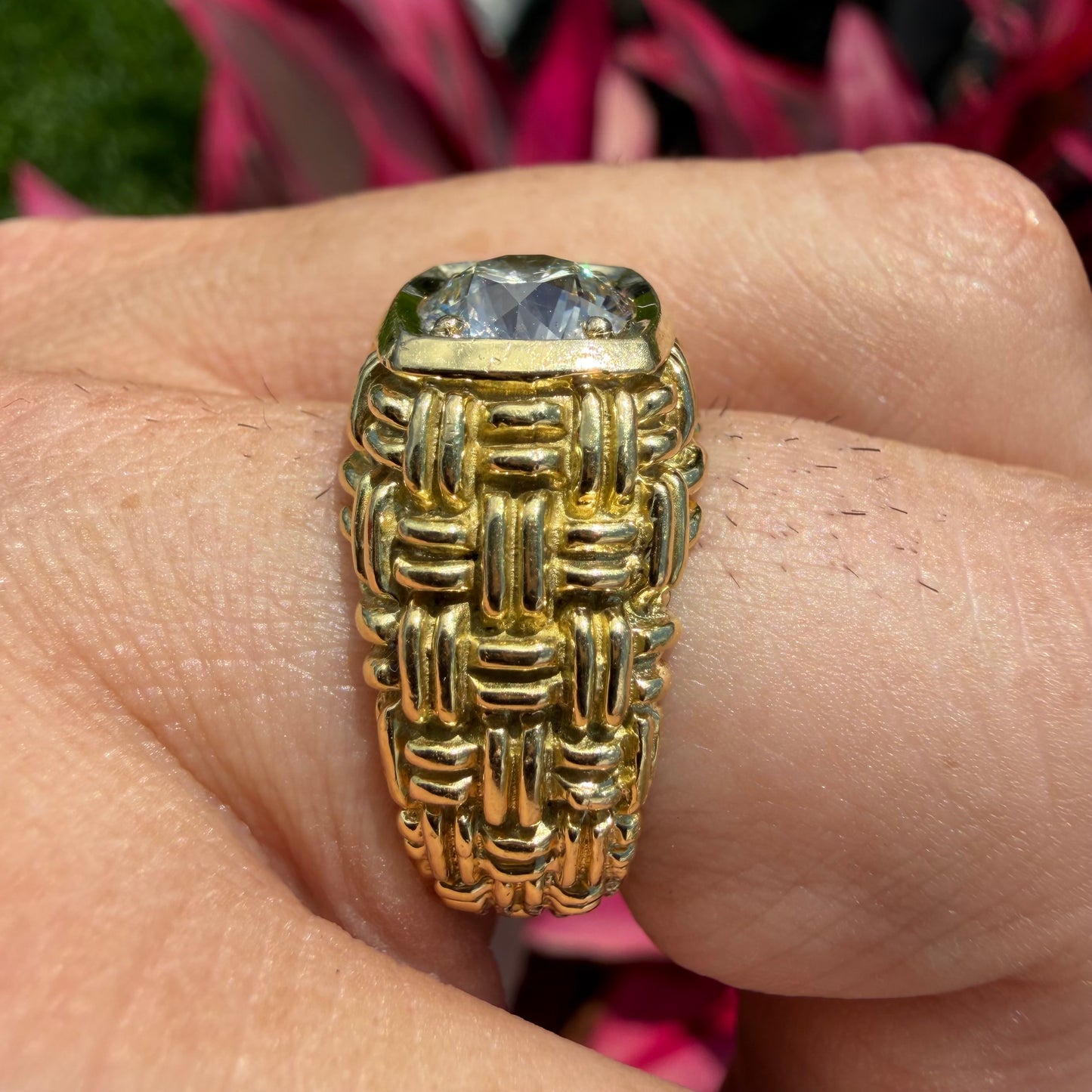 Vintage 2.0ct Natural VS1/I Old Euro Cut Diamond Solid 18k Yellow Gold Basket Weave Solitaire Ring(8)