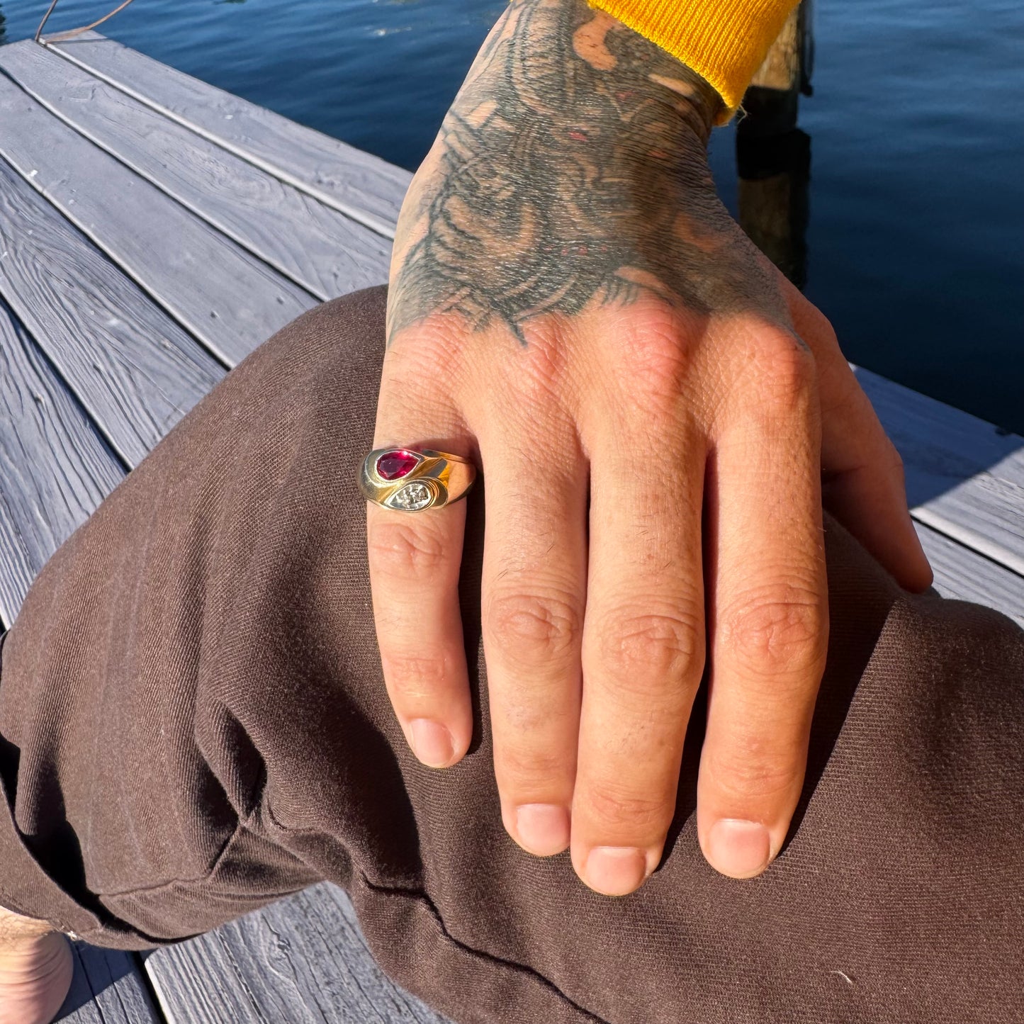 Vintage Solid 14k Yellow Gold Natural Diamond Pink Spinel Tony Soprano Pinky Ring (9.5)