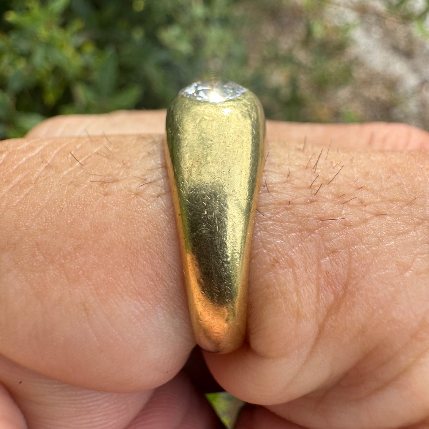 Antique Solid 18k Yellow Gold .91ct Old Euro Cut Diamond “Rub Over” Gypsy Ring (9.5)