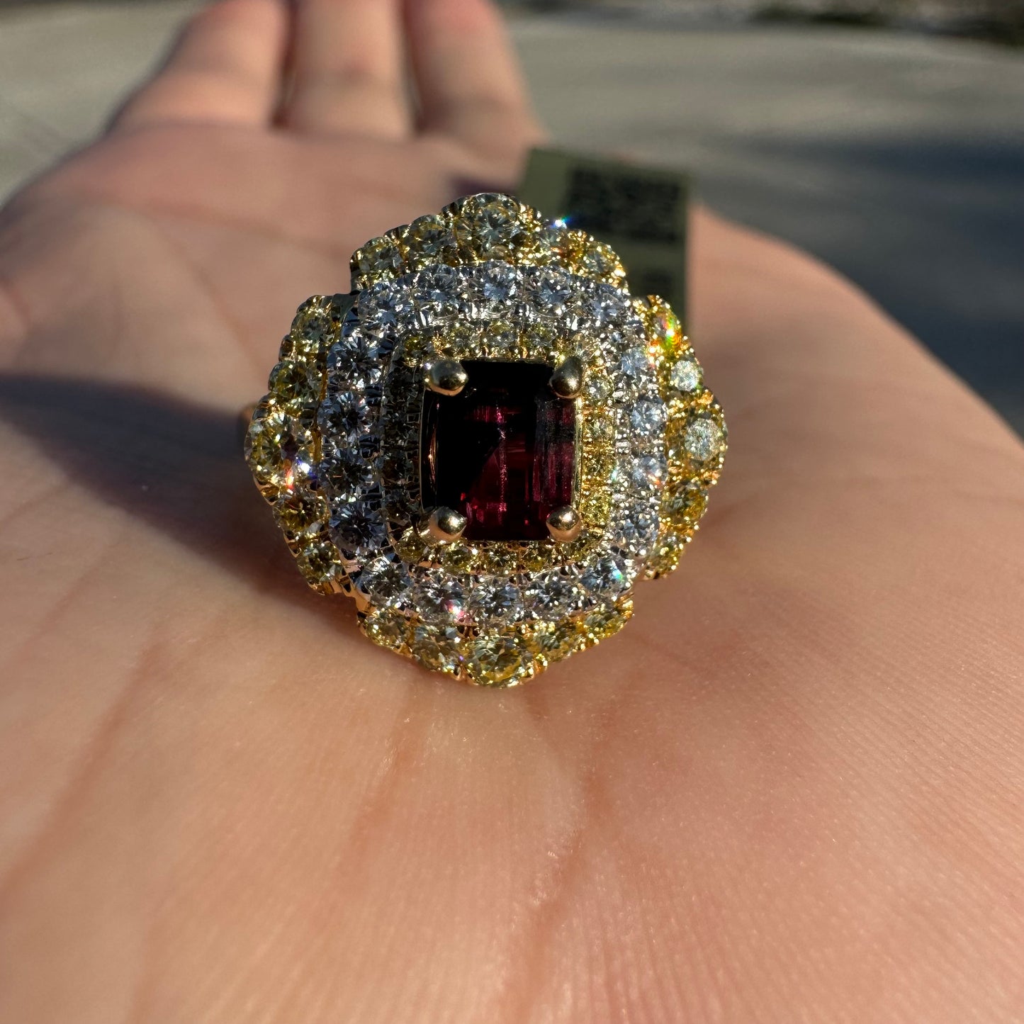 Brand New 14k Yellow Gold .73ct Natural Emerald Cut Unheated Winza Sapphire 1.04ctw Natural VS Yellow And White Diamond Ring (6.75)