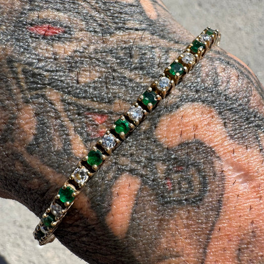 Vintage 14k Yellow Gold 3.5ctw Natural Diamond And Emerald Classic Tennis Bracelet (7.25”)