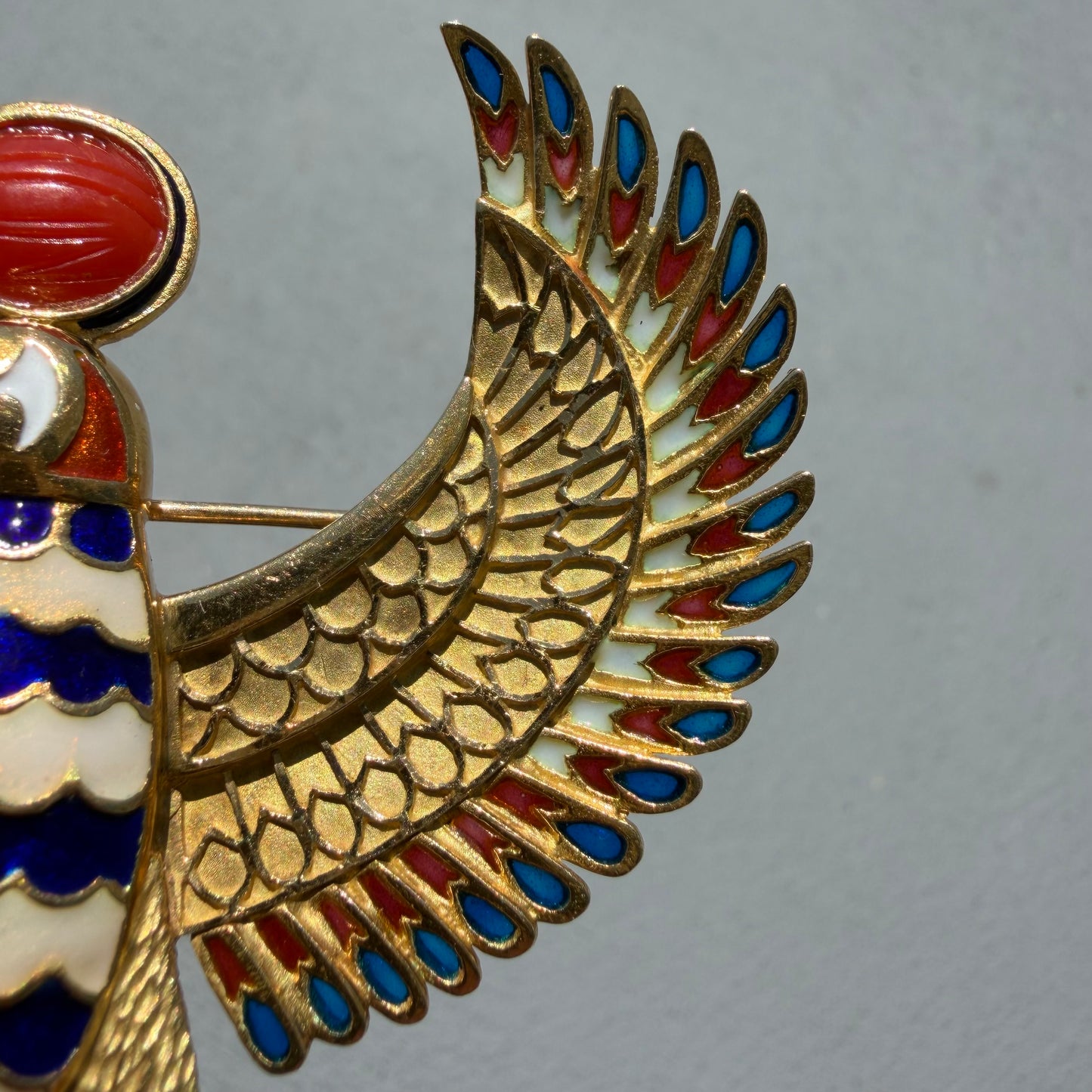 Vintage Solid 18k Yellow Gold Plique-à-Jour Large Egyptian Revival Horus Falcon Pendant/Brooch