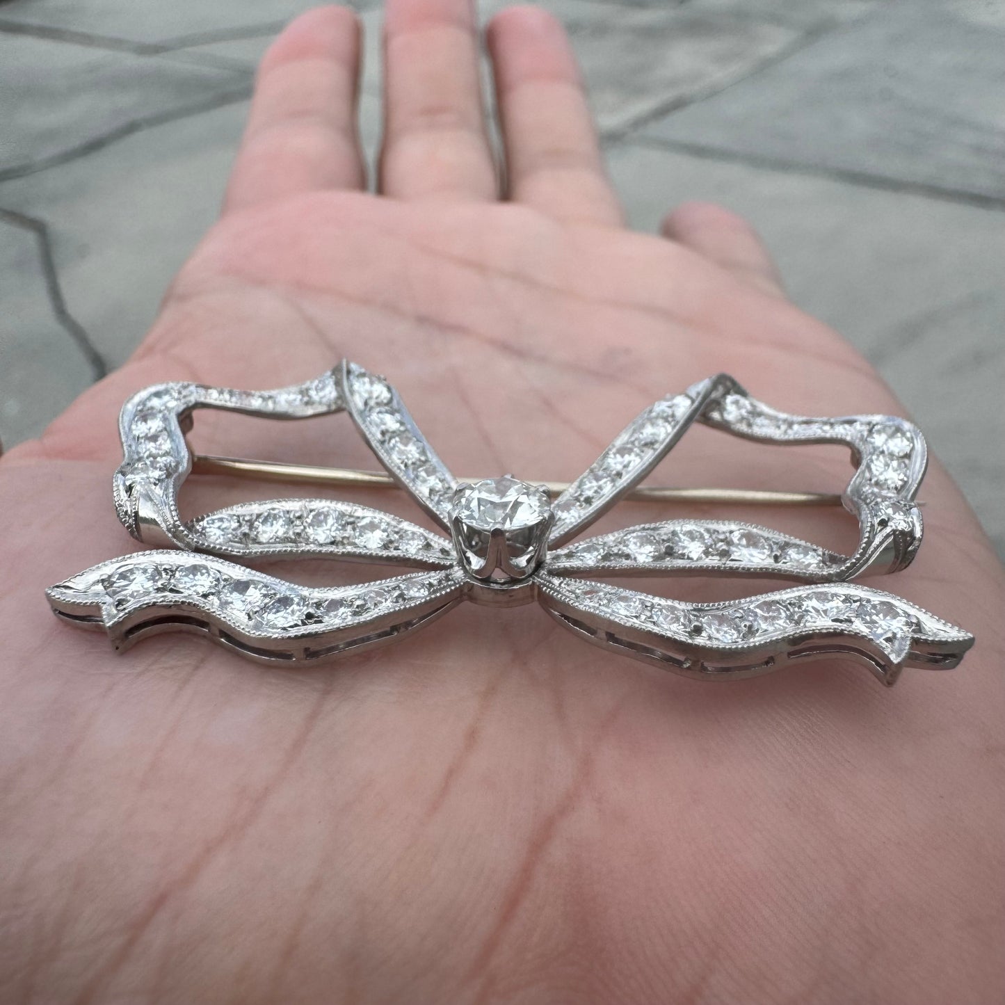 Art Nouveau Solid Platinum 5.25ctw Natural Old Euro Cut Diamond Bow Brooch