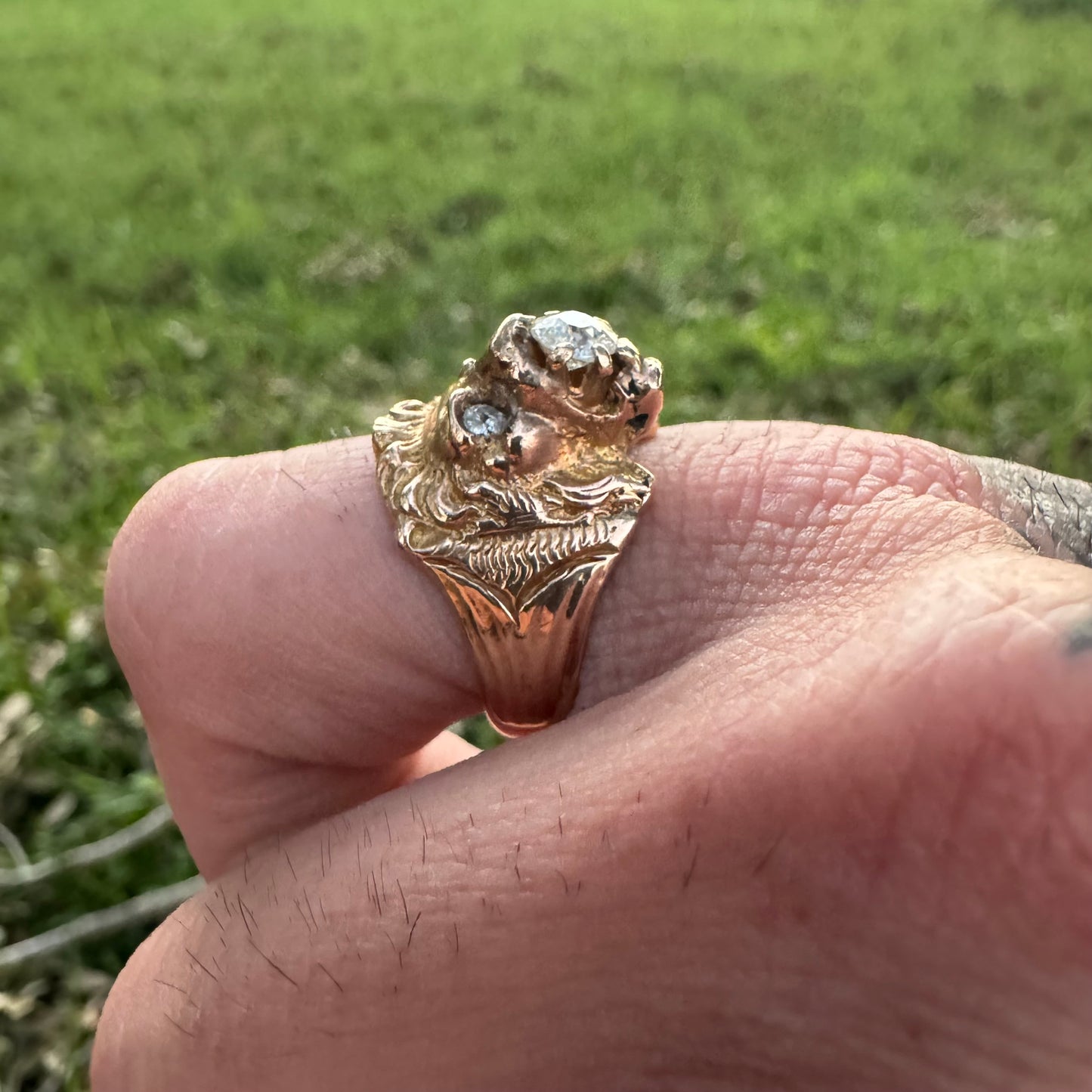 Victorian Era Solid 14k Yellow Gold .50Ct Natural Old Euro Cut Diamond Lion Ring (7.5)