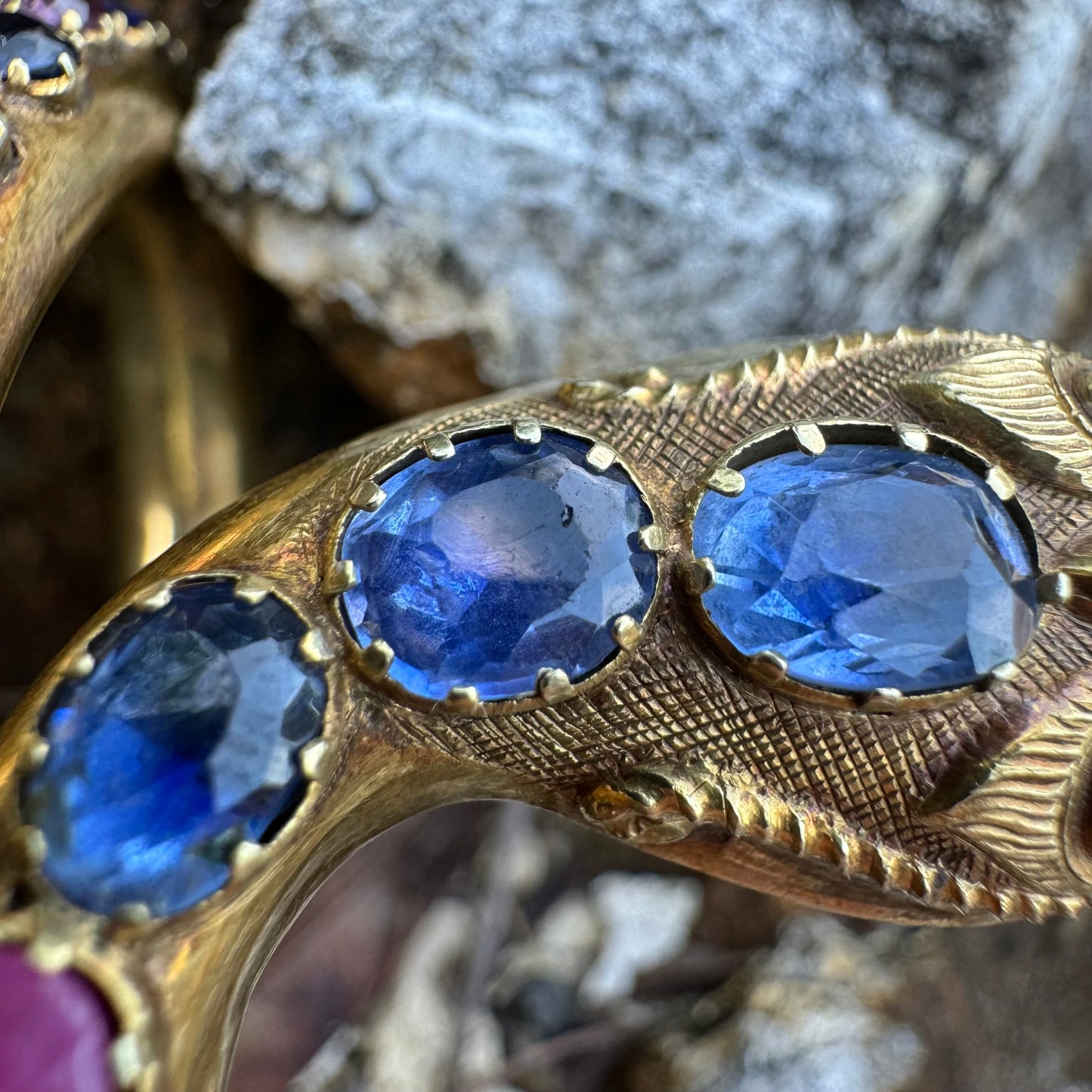 Mid 1800’s 15k Yellow Gold Blue And Pink Sapphire Encrusted Snake Bracelet (6”-7”)